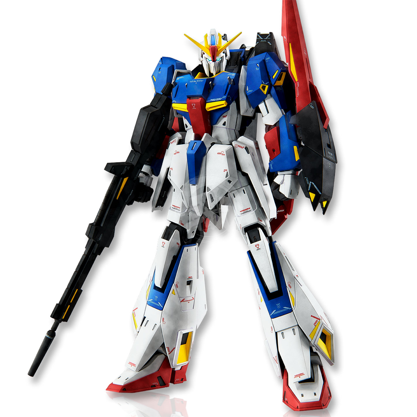 Bandai MG Zeta Gundam Ver.Ka model kit assembled with detailed armor, weapon accessories, and vibrant color scheme.