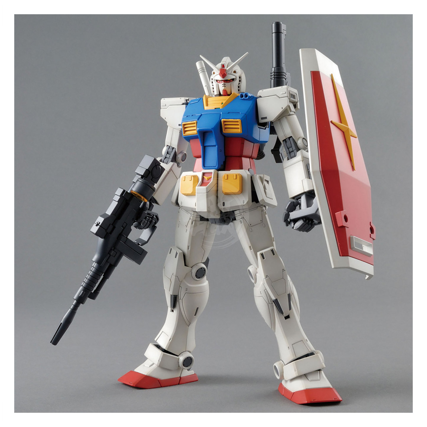 Bandai MG RX-78-2 Gundam model kit in detailed plastic assembly, showcasing the iconic mecha's design and vibrant colors.
