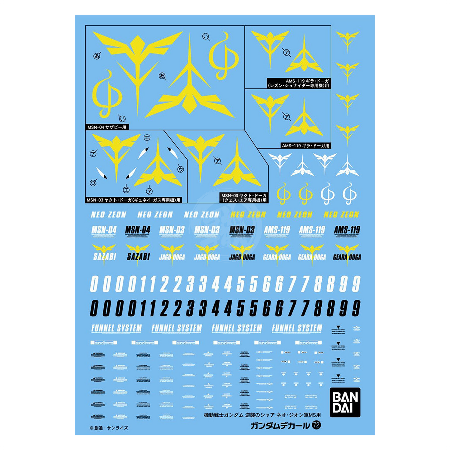 Bandai Gundam decal sheet with water slide decals for HG Char's Counter Attack Neo Zeon model in detailed design.