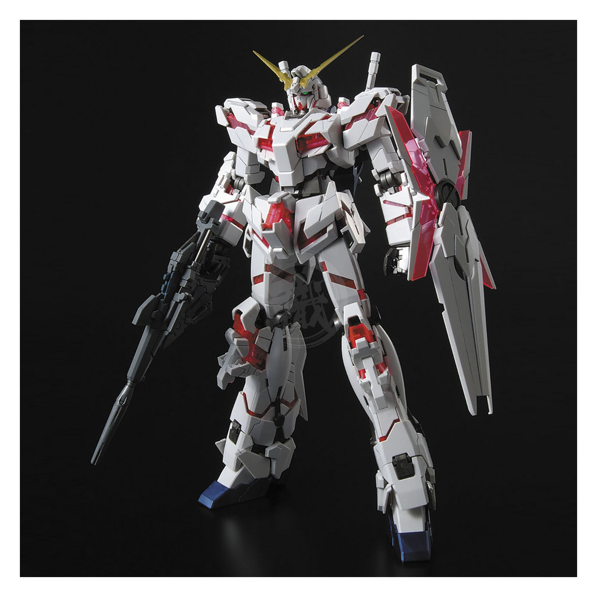 Bandai MG Unicorn Gundam HD Color model kit with MS Cage, assembled and detailed with vibrant colors and intricate parts.