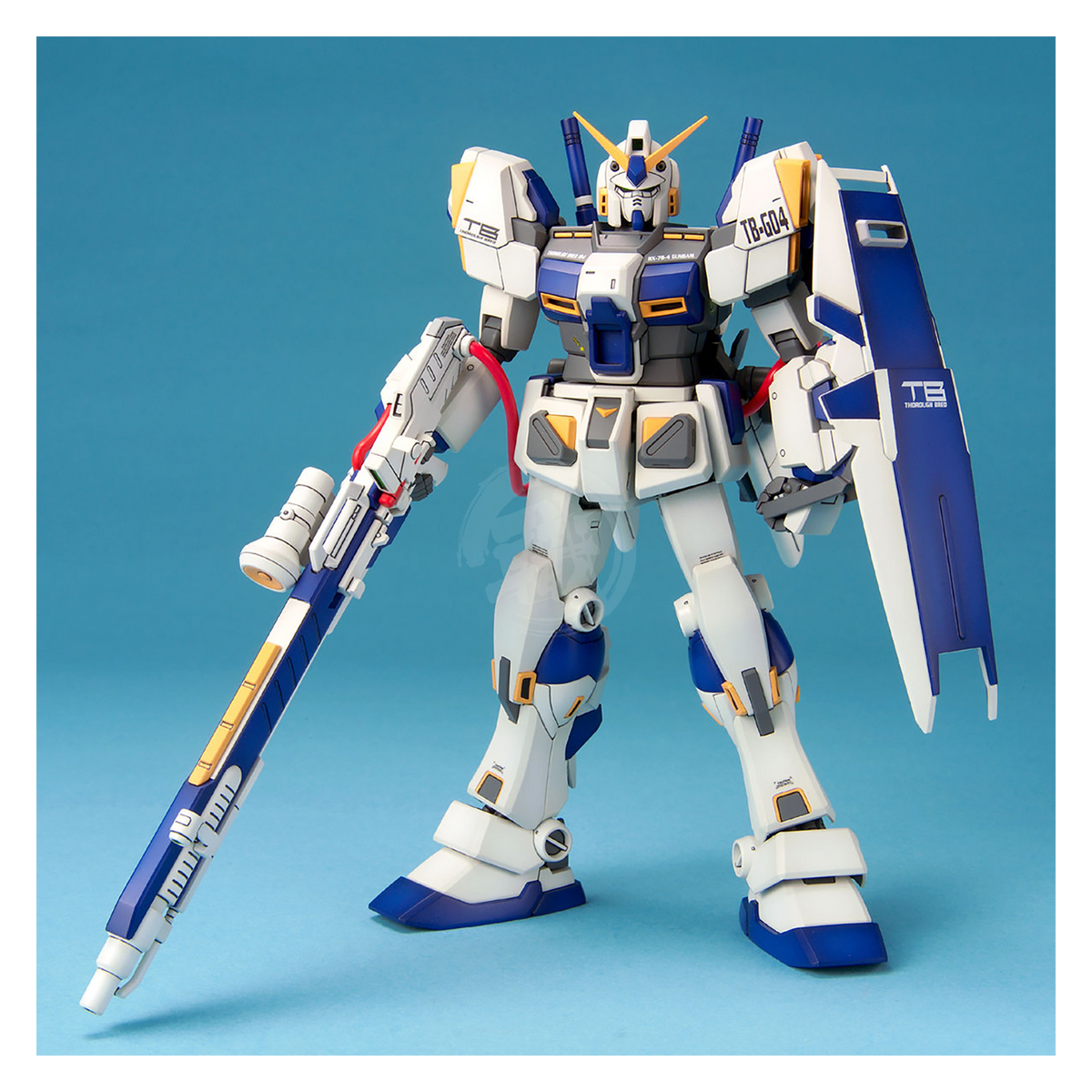 Bandai MG RX-78-4 Gundam Unit 4 model kit displayed with assembled details and vibrant color features.