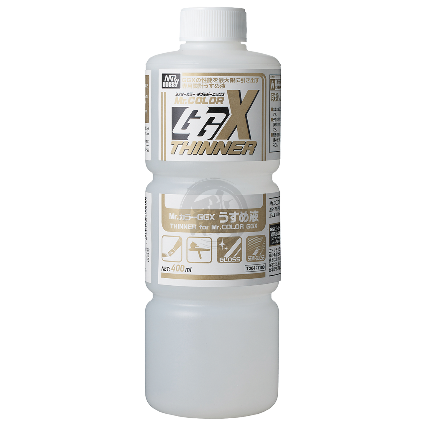 GSI Creos Mr.Color GGX Thinner 400ml bottle for airbrushing and model painting, with a clear label and cap.