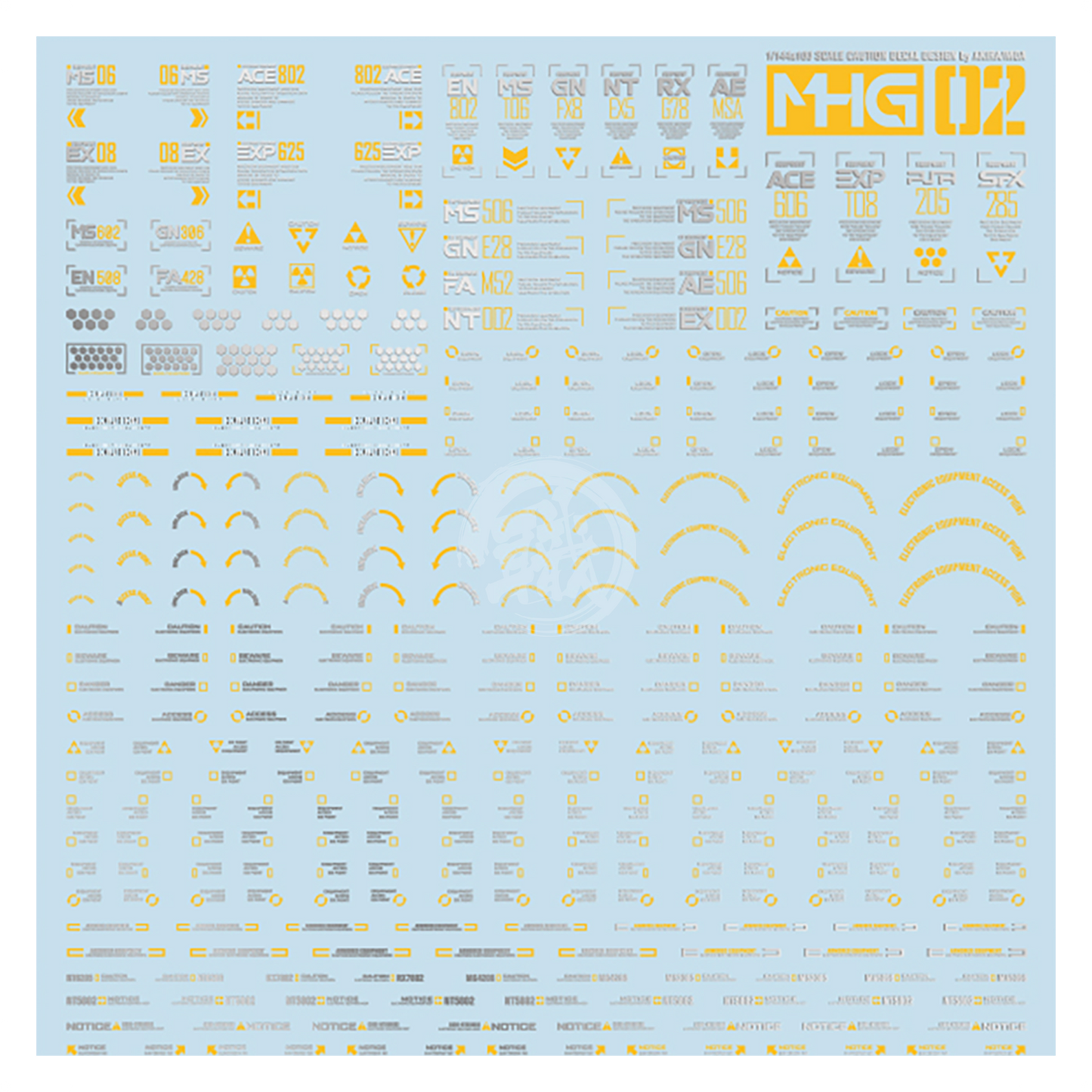 Water slide decals featuring general caution symbols, designed by HobbyMio for model and craft safety signage.