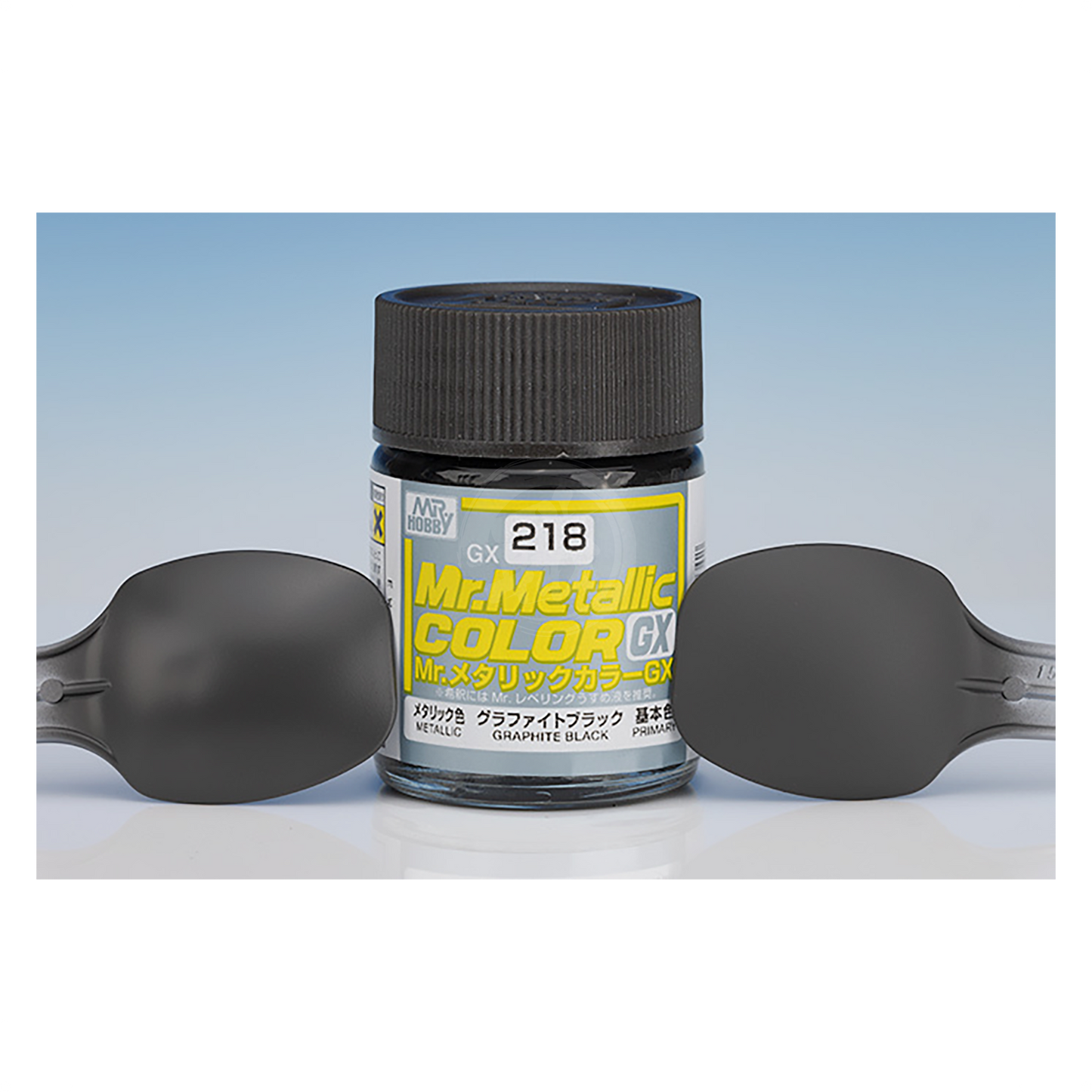 GX Creos GX218 Graphite Black paint in a container, featuring a sleek black label with product details.