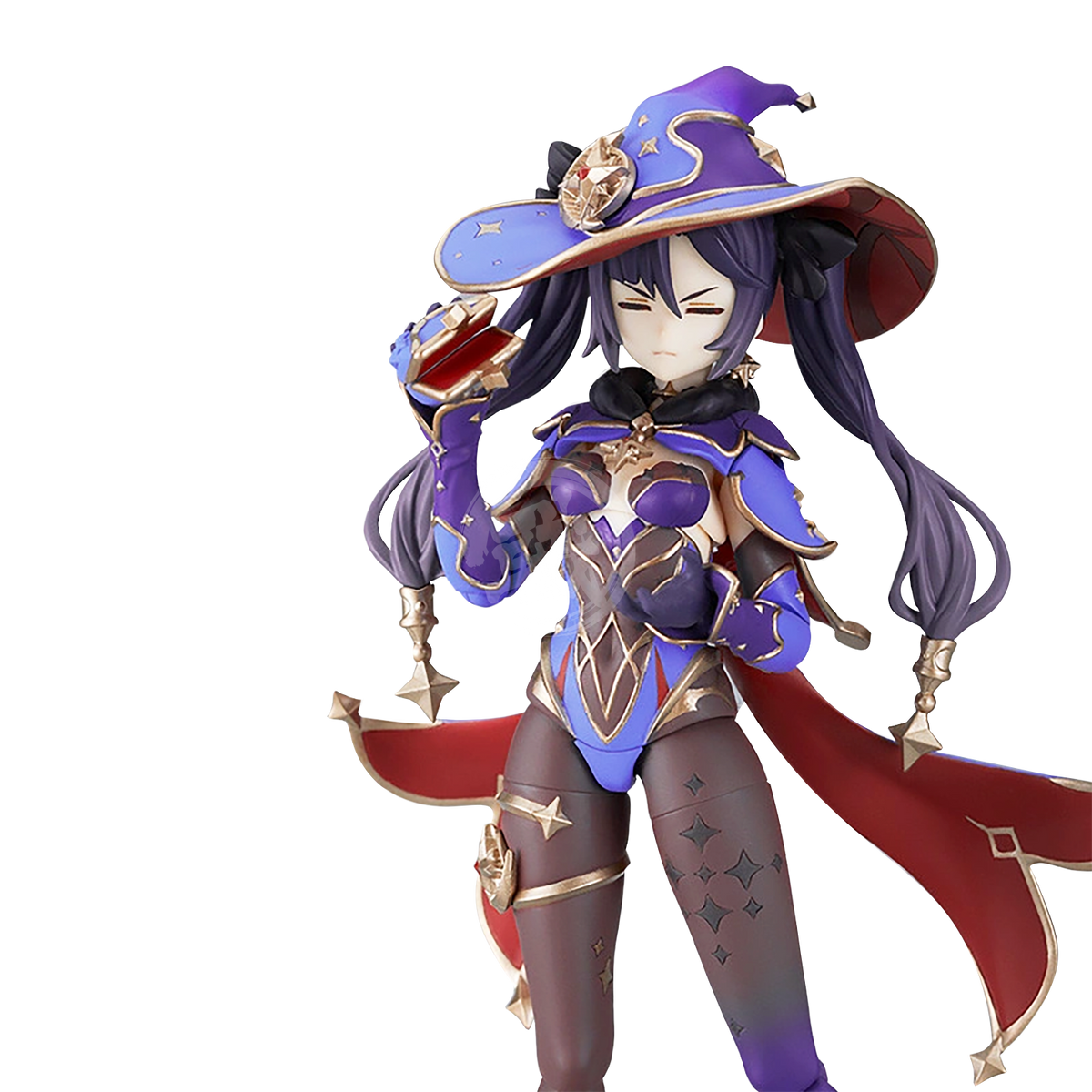 Genshin Impact Figma Mona figure from Good Smile Company, Mirror Reflection of Doom version, showing Mona in dynamic pose with detailed costume