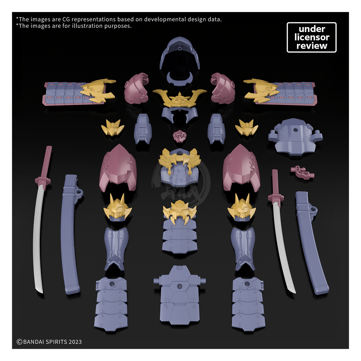 Bandai 30MF Class Up Armor Meteoric Ironshogun model kit, detailed metallic armor and intricate design, front view image.