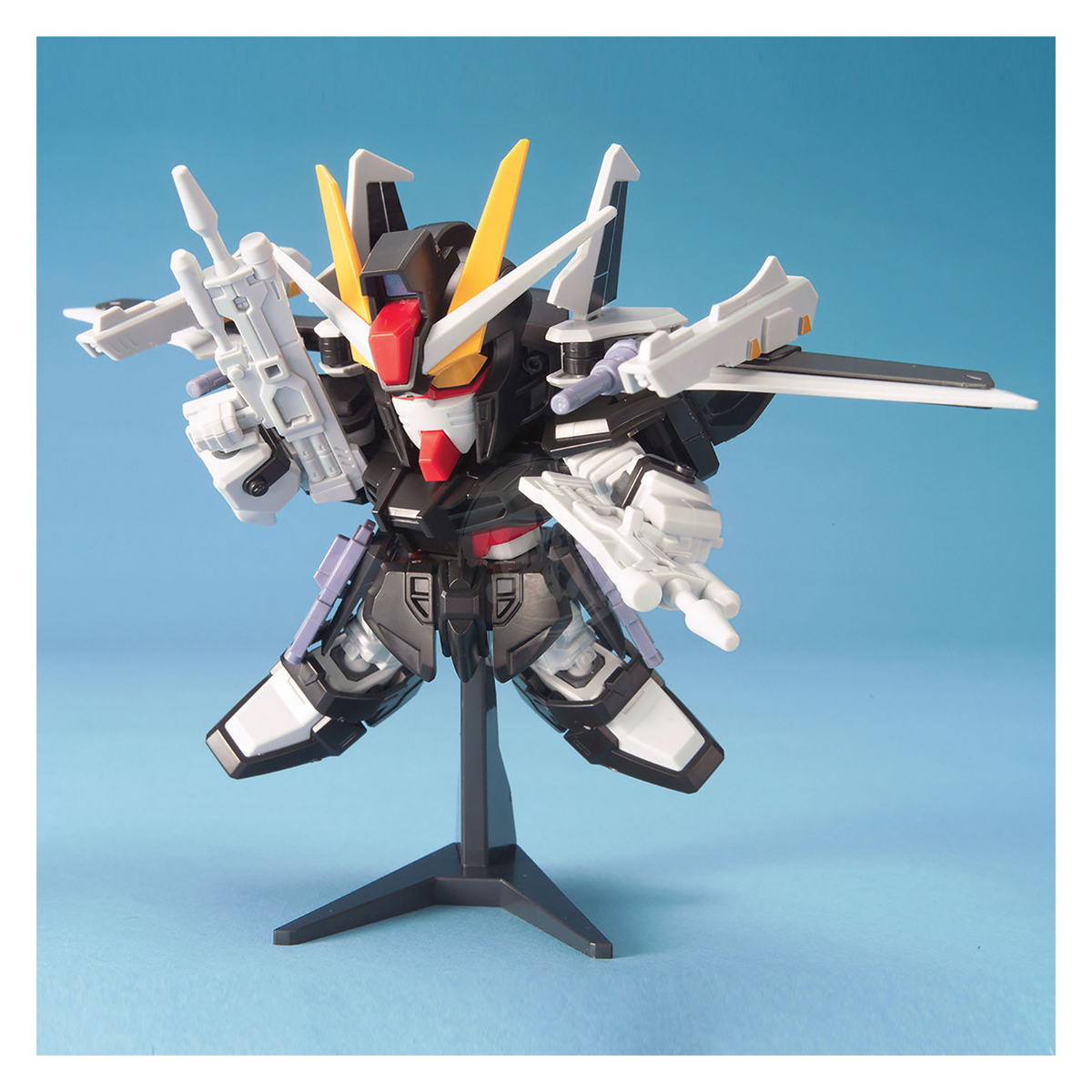 Bandai SD Strike Noir Gundam model kit assembled with detailed armor and weaponry, ready for display or play.