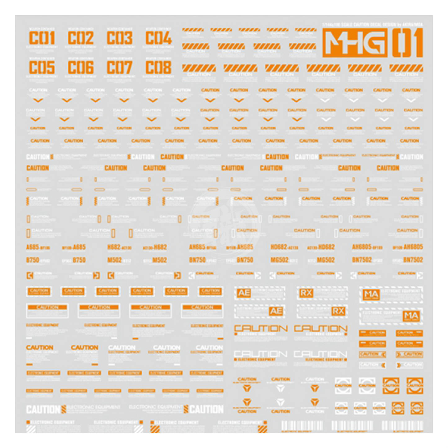 Water slide decals featuring general caution symbols by HobbyMio, shown on a transparent background.