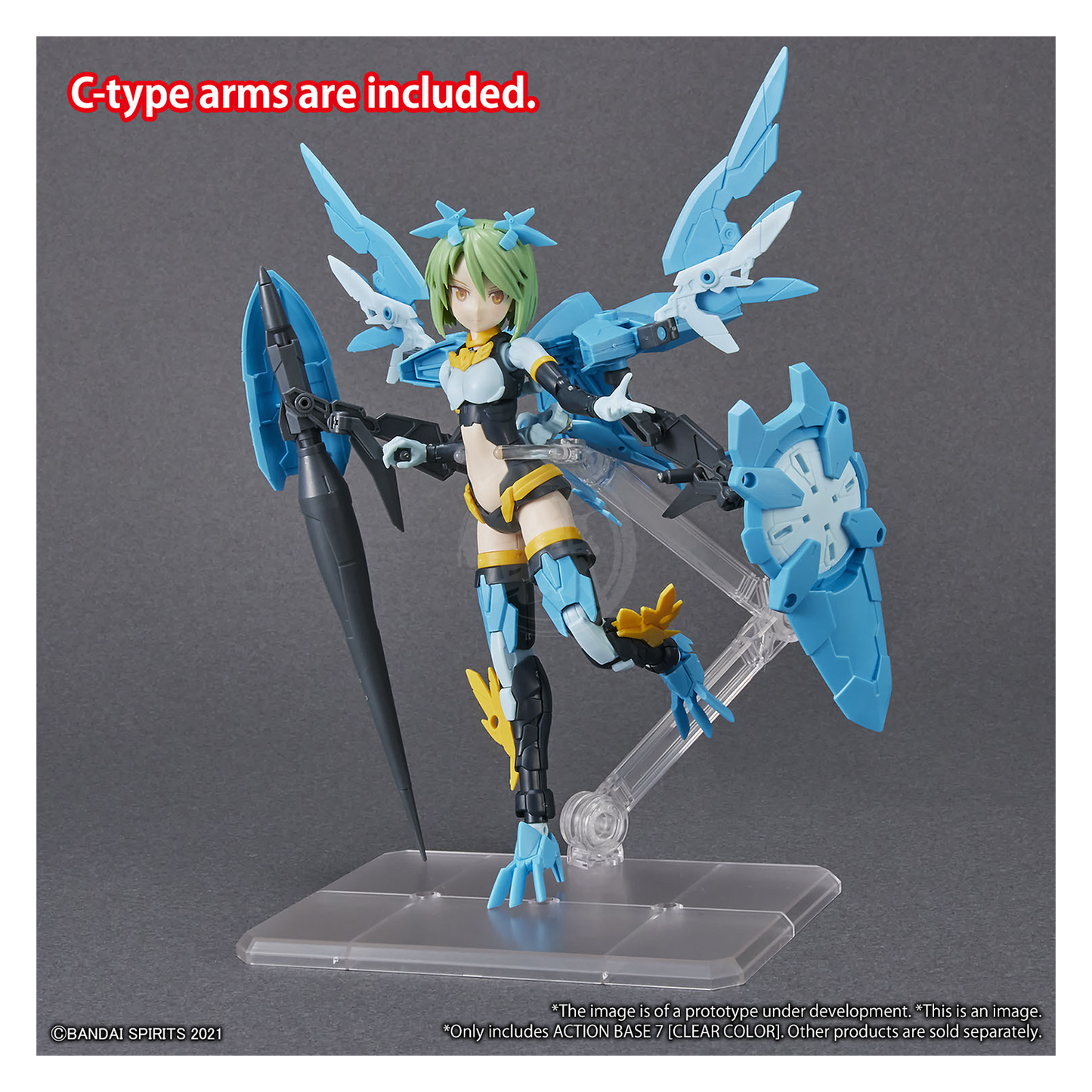 Clear Action Base 7 model kit stand by Bandai, shown in transparent design with multiple connection points for model display.