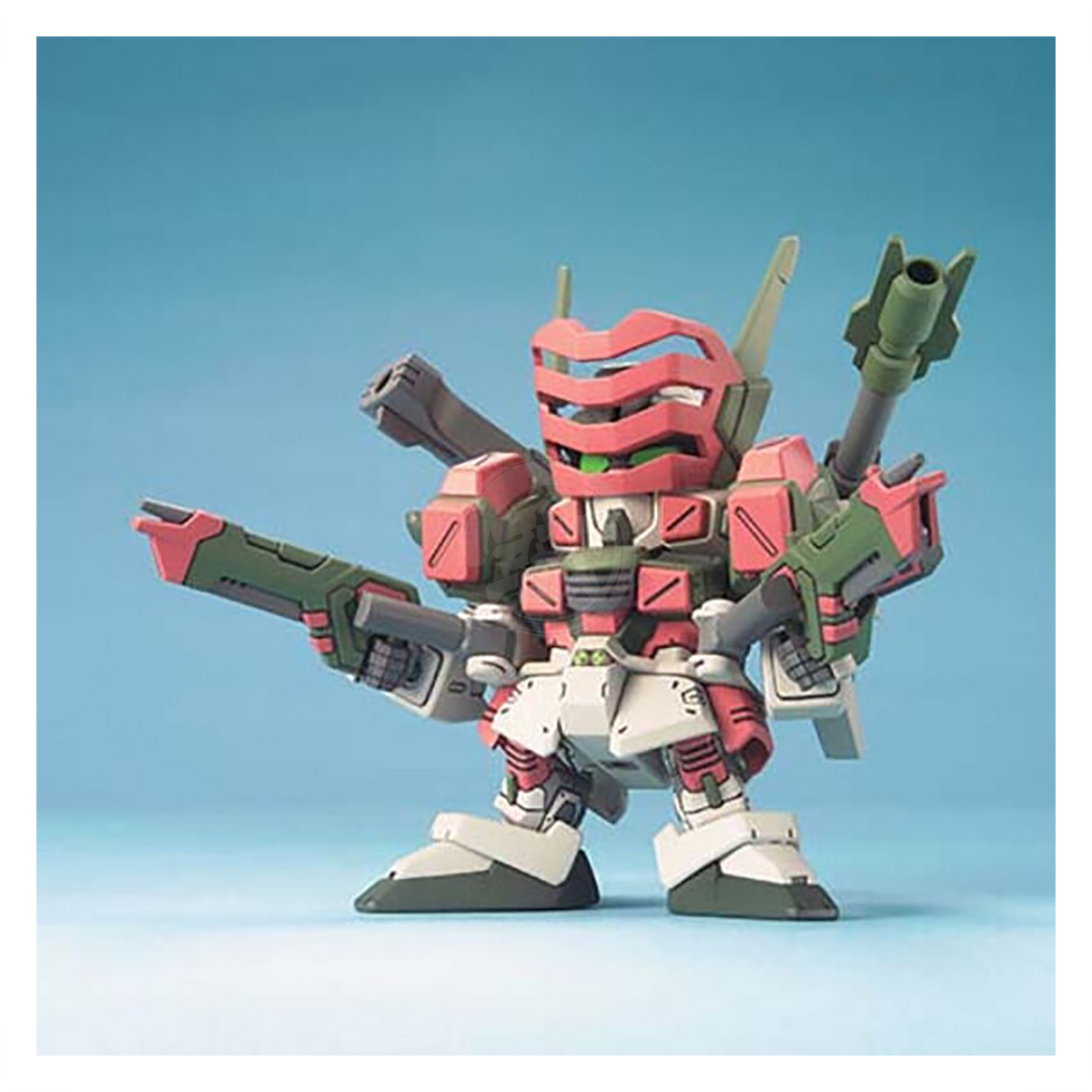 Bandai SD Verde Buster Gundam model kit with green armor, posed with detailed plastic parts and intricate design features.