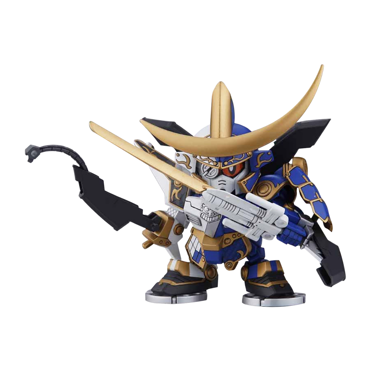 Bandai SD Date Masamune Gundam model kit posed with detailed armor and weapon accessories, showcasing vibrant colors and intricate design.