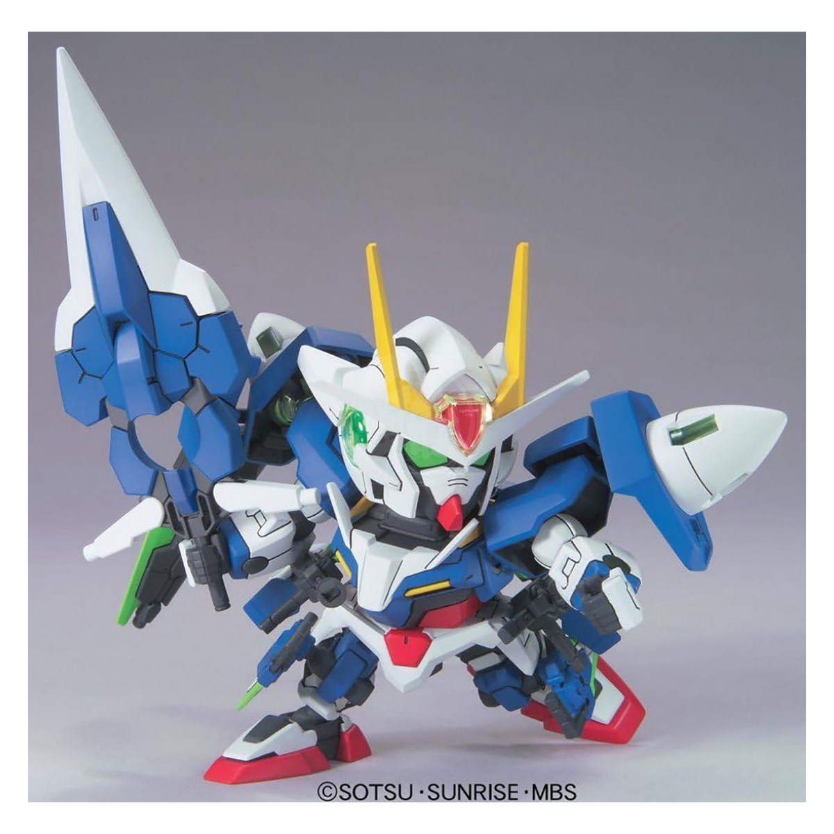 Bandai SD 00 Gundam Seven Sword G model kit with detailed robot figure and multiple sword accessories, assembled and posed.