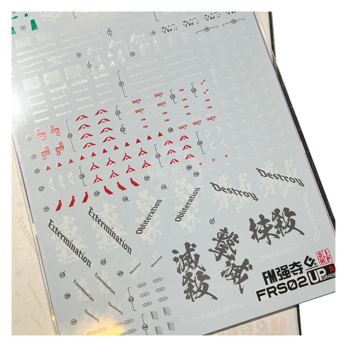 Full Mechanics Raider Gundam water slide decals from EVO Studio, featuring detailed UV-printed designs for model customization.