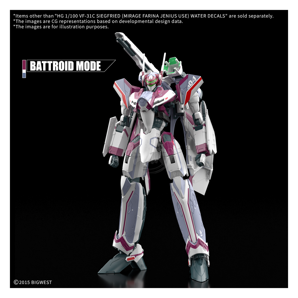 Bandai HG VF-31C Siegfried Mirage Farina Jenius water slide decals for model customization, featuring detailed design elements.