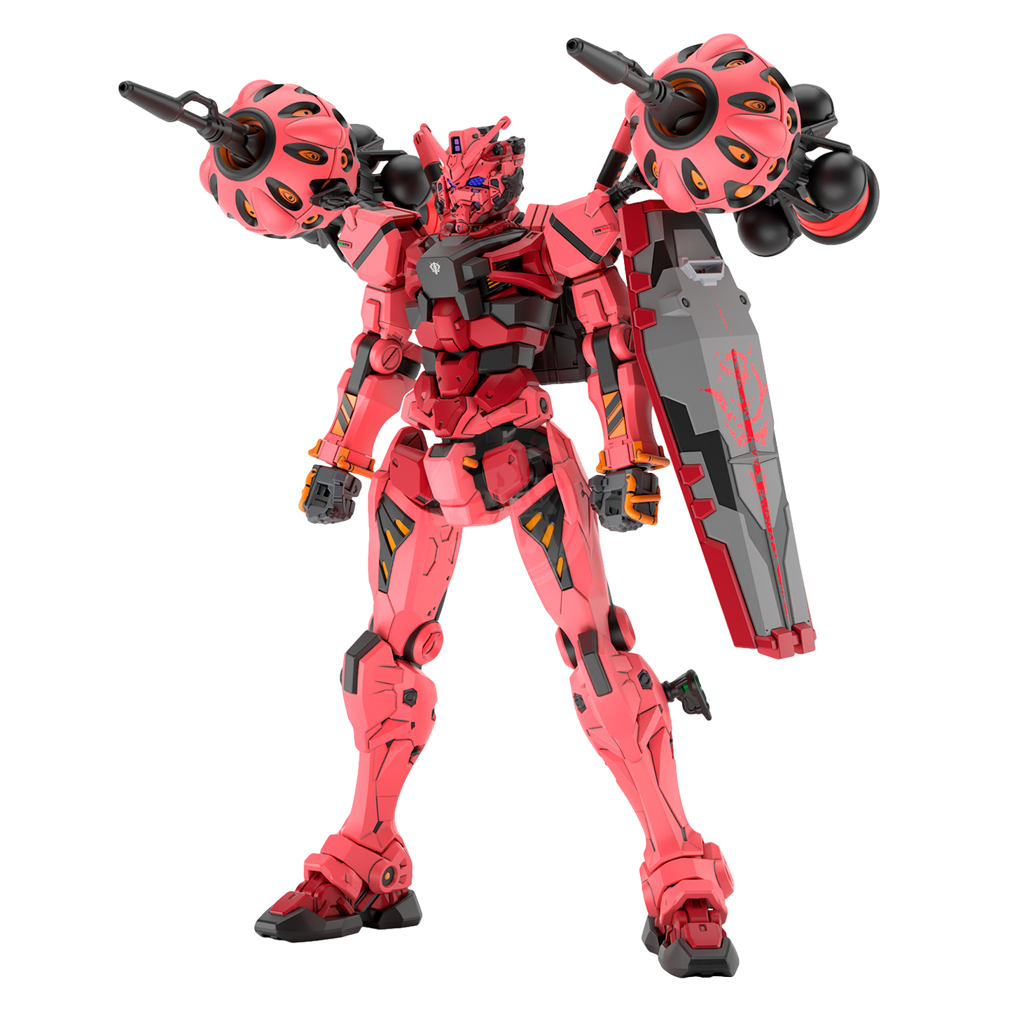 HG Red Gundam model kit by Bandai, showing a detailed red plastic Gundam figure with articulated limbs and weapon accessories.