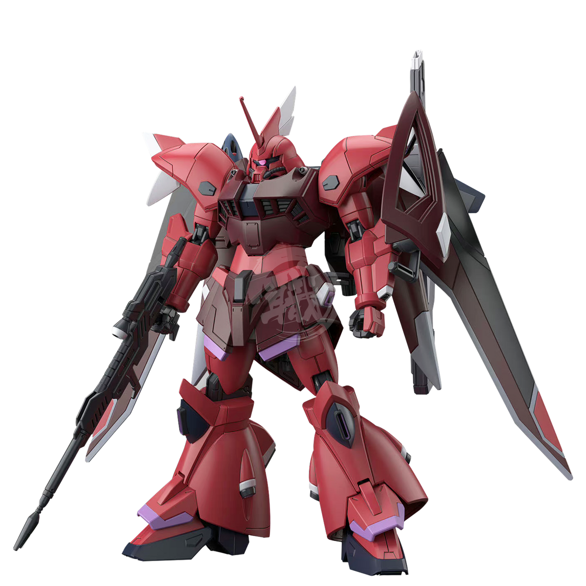 HG Gelgoog Menace model kit by Bandai featuring Lunamaria Hawke custom design, assembled with detailed armor and vibrant colors.