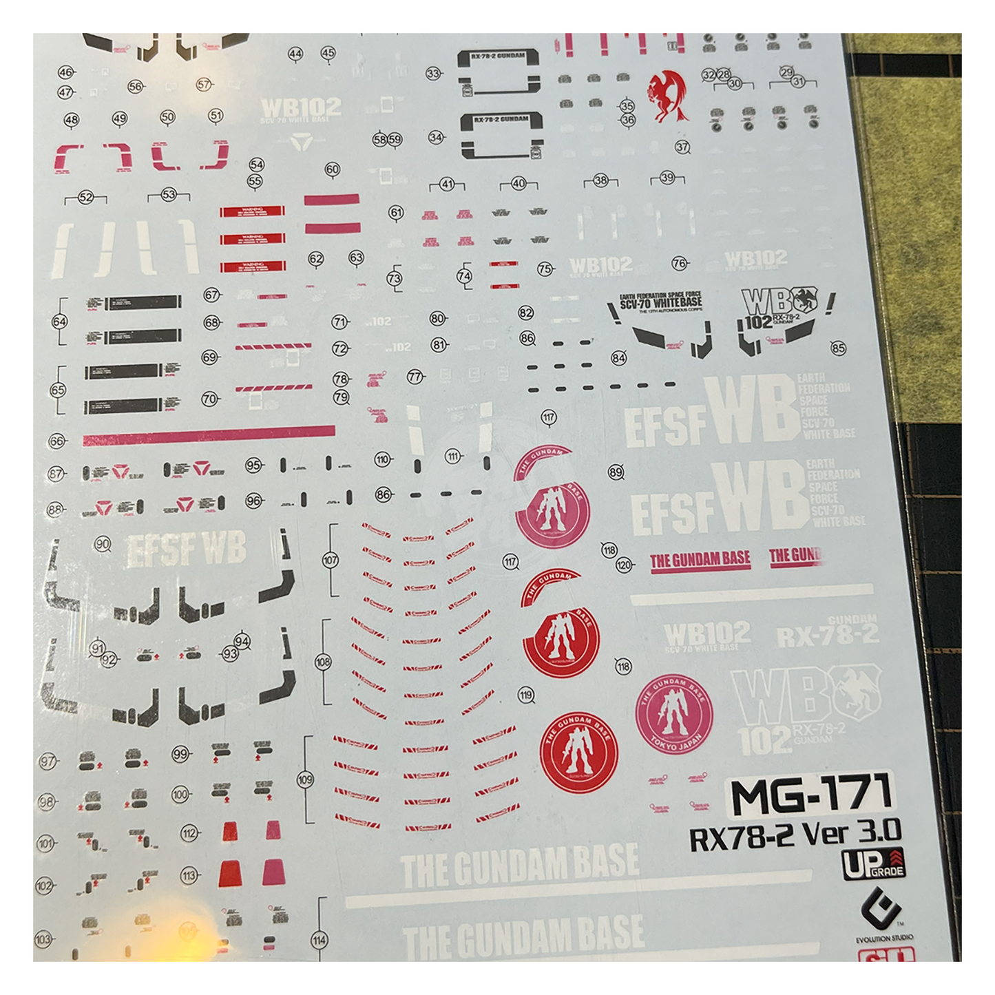 MG RX-78-2 Gundam Ver. 3.0 water slide decals by EVO Studio, featuring UV-printed designs for model customization.