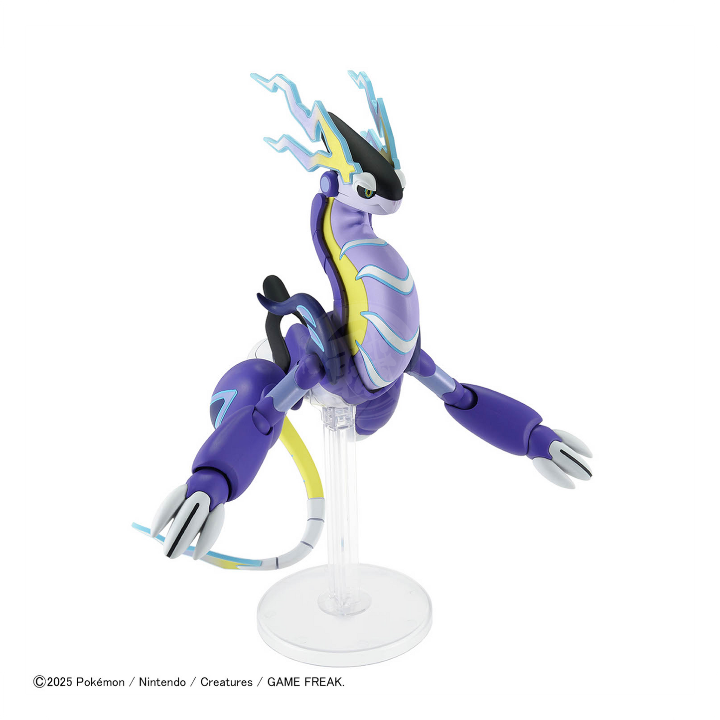 Bandai Pokemon Plamo Miraidon model kit featuring detailed plastic parts and vibrant colors, ready for assembly.
