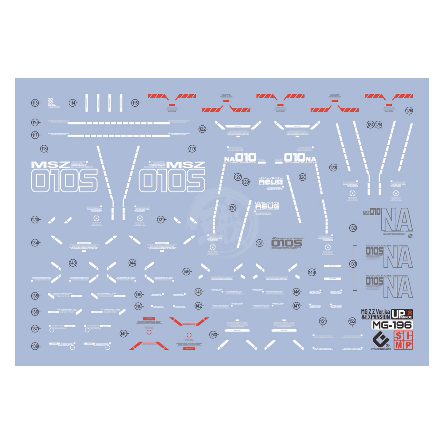 Enhanced MG ZZ Gundam Ver.Ka water slide decals by EVO Studio, featuring detailed UV-printed designs for model customization.