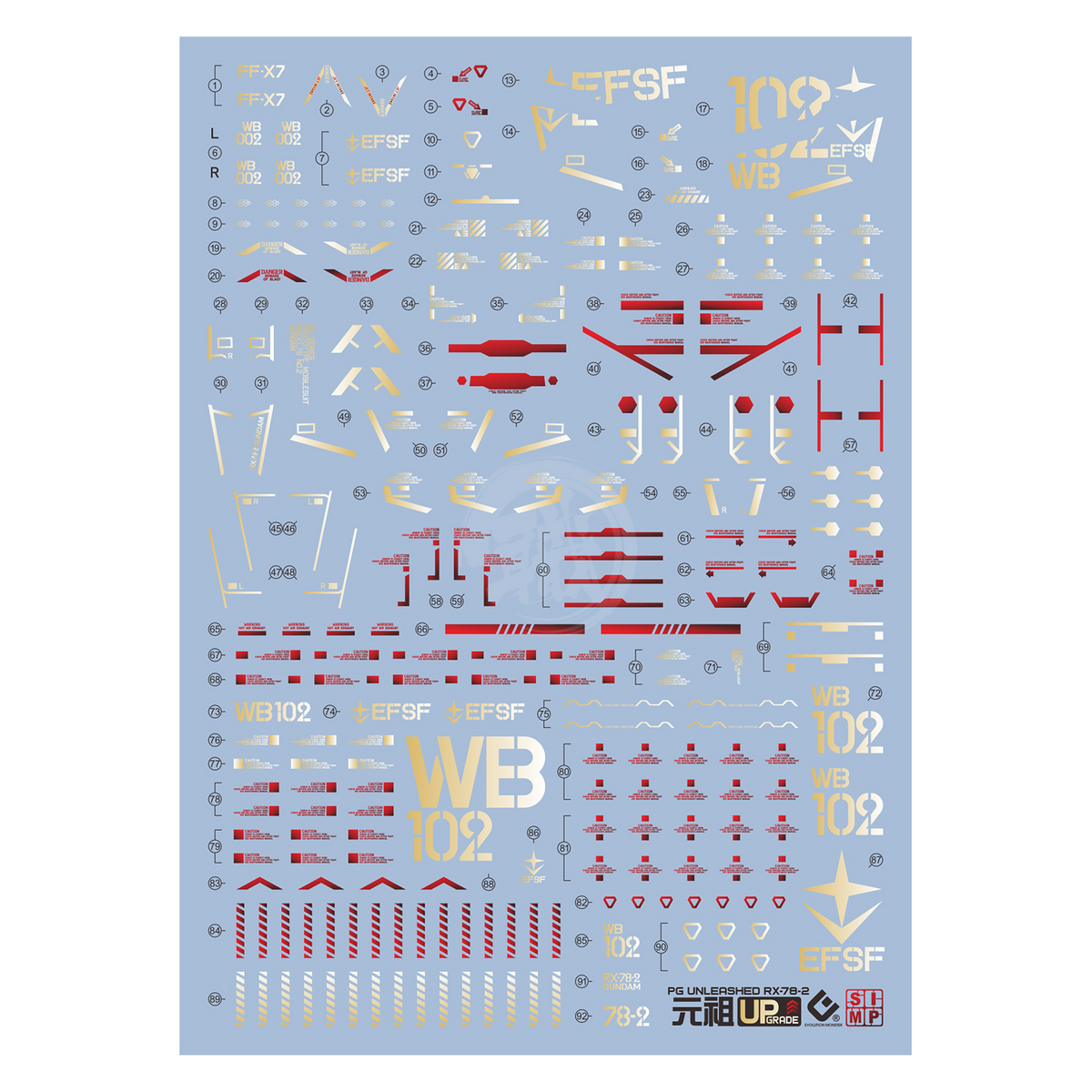Gold foil water slide decals featuring RX-78-2 Gundam design by EVO Studio for model customization.