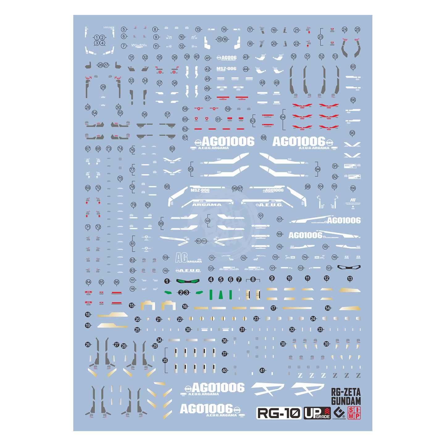 EVO Studio RG Zeta Gundam water slide decals with UV finish, featuring detailed design for model customization.