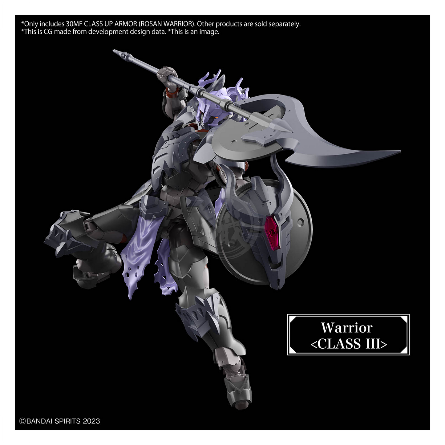 Bandai 30MF Class Up Armor model kit featuring the Rosan Warrior with detailed armor and intricate design.