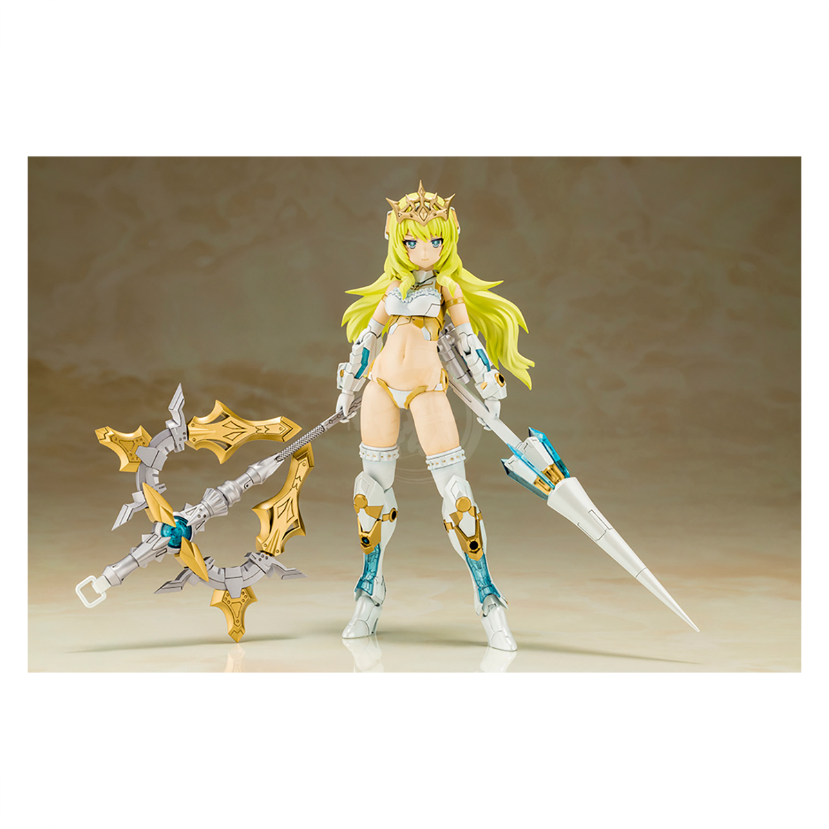 Model kit of Durga I from Frame Arms Girl by Kotobukiya, featuring detailed plastic parts and vibrant colors in the image.