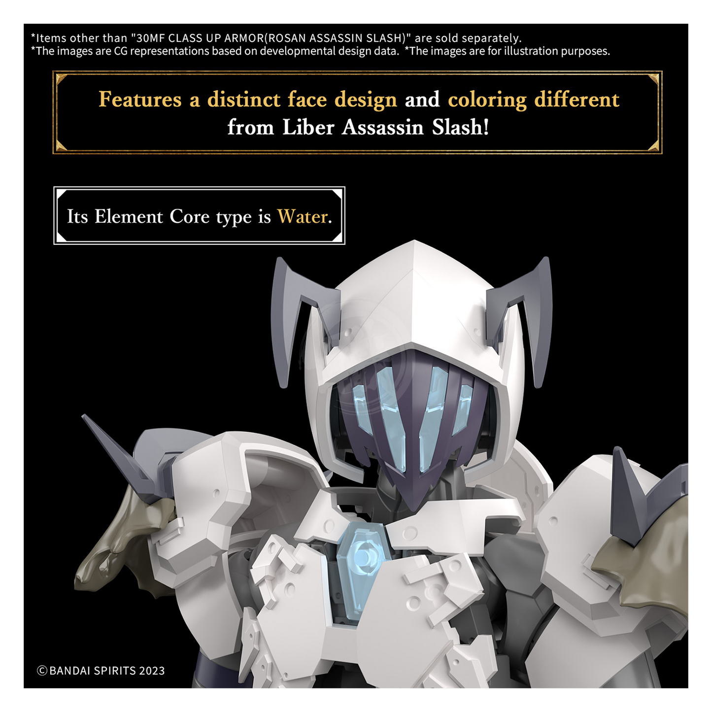 Bandai 30MF Class Up Armor model kit featuring Rosan Assassin Slash with detailed armor and weapon accessories.