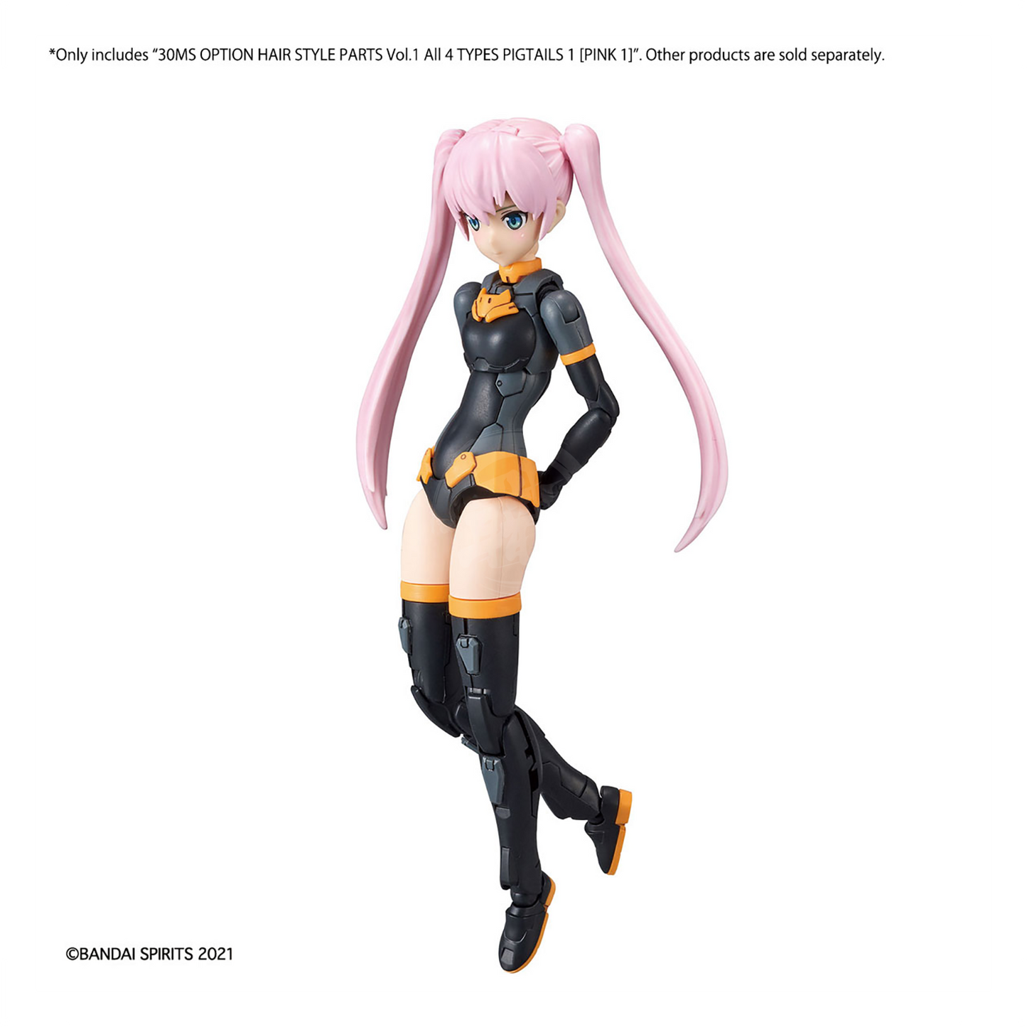 Bandai 30MS Hair Style Parts Model Kit featuring pink pigtails for Gundam figures, shown with detailed hair accessories.