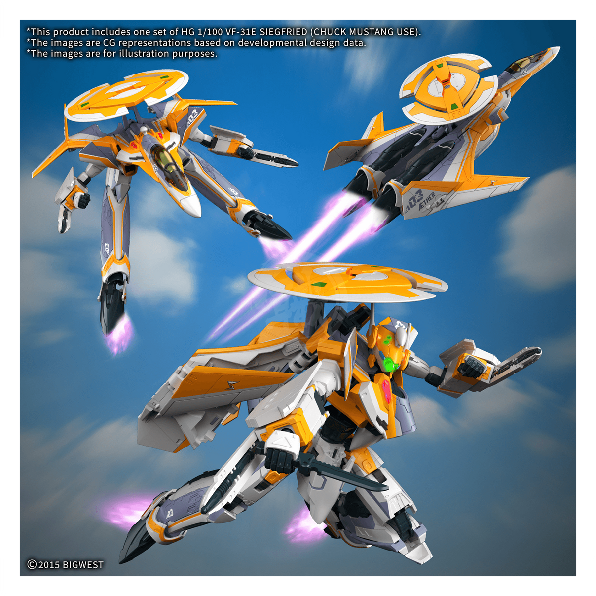 Bandai HG VF-31E Siegfried model kit featuring detailed parts and vibrant colors, inspired by the Chuck Mustang custom design.