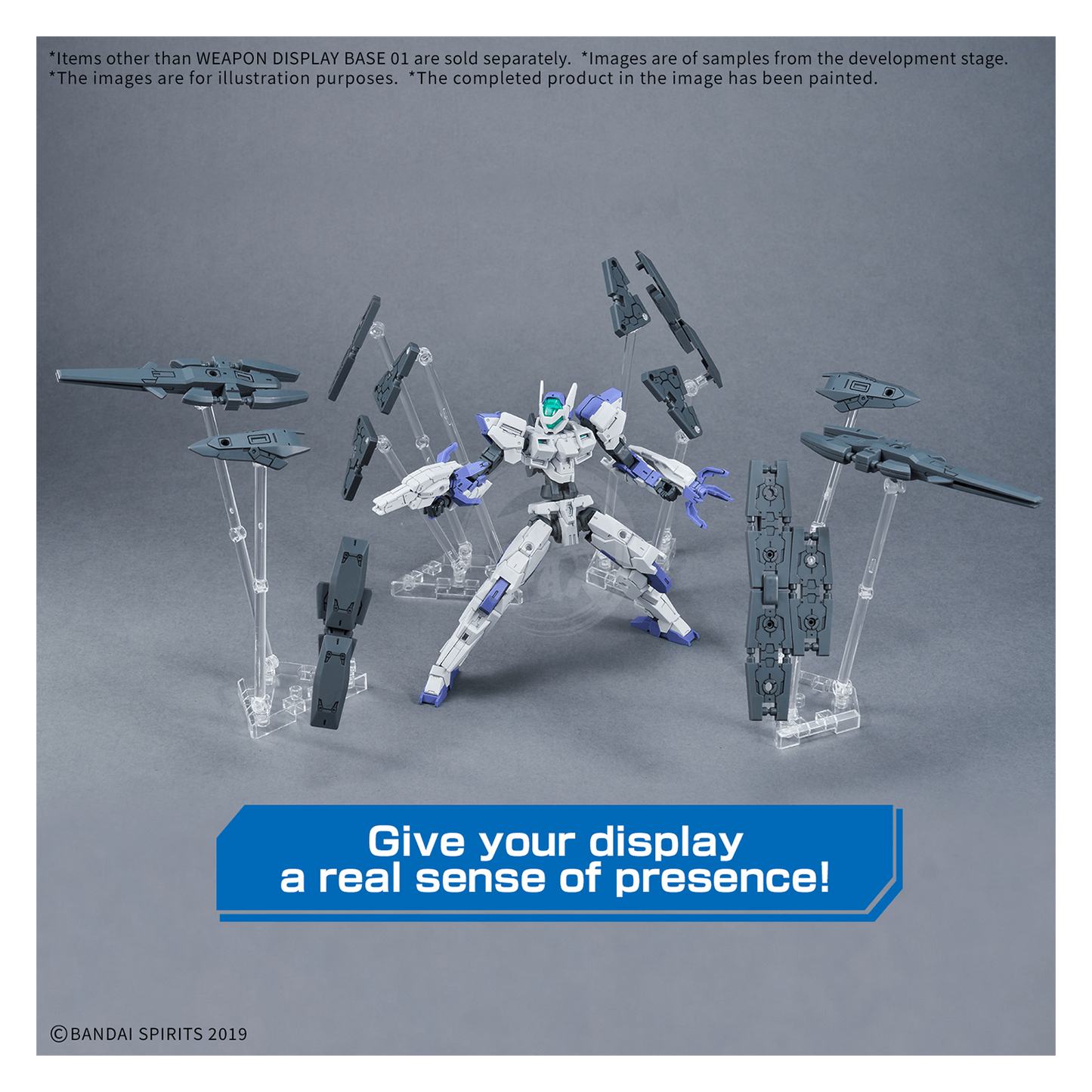 Bandai Weapon Display Base 01 for model kits, shown in black with a textured surface and adjustable support arms.