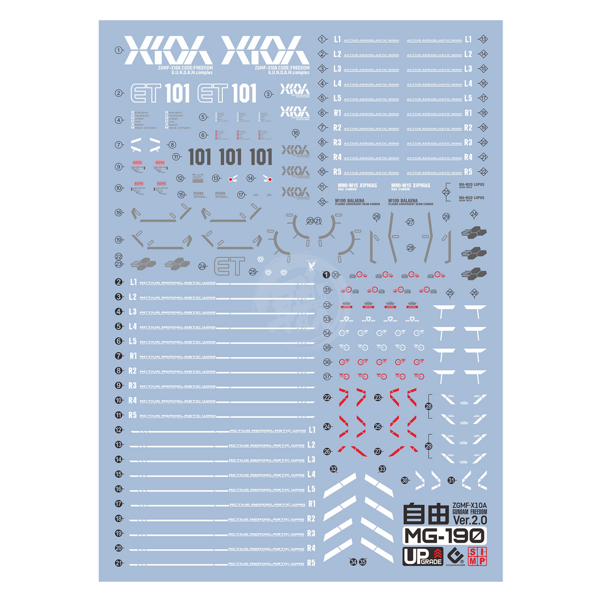 EVO Studio MG Freedom Gundam Ver. 2.0 waterslide decals with UV coating, featuring detailed design for model customization.