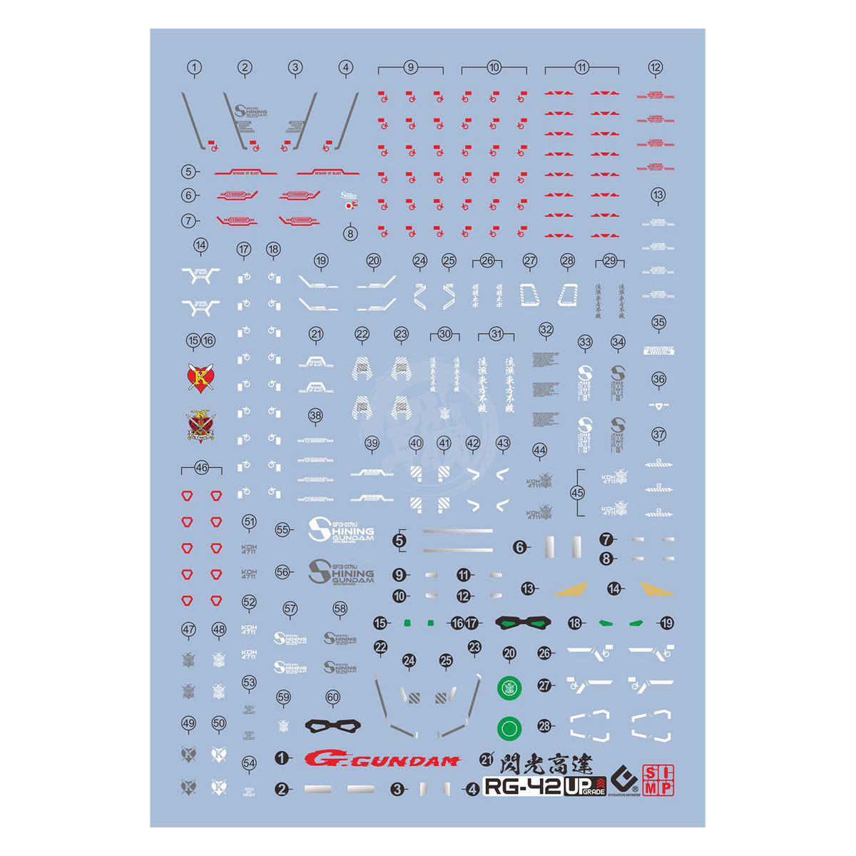 RG Shining Gundam water slide decals by EVO Studio, featuring detailed UV decals for Gundam model customization.