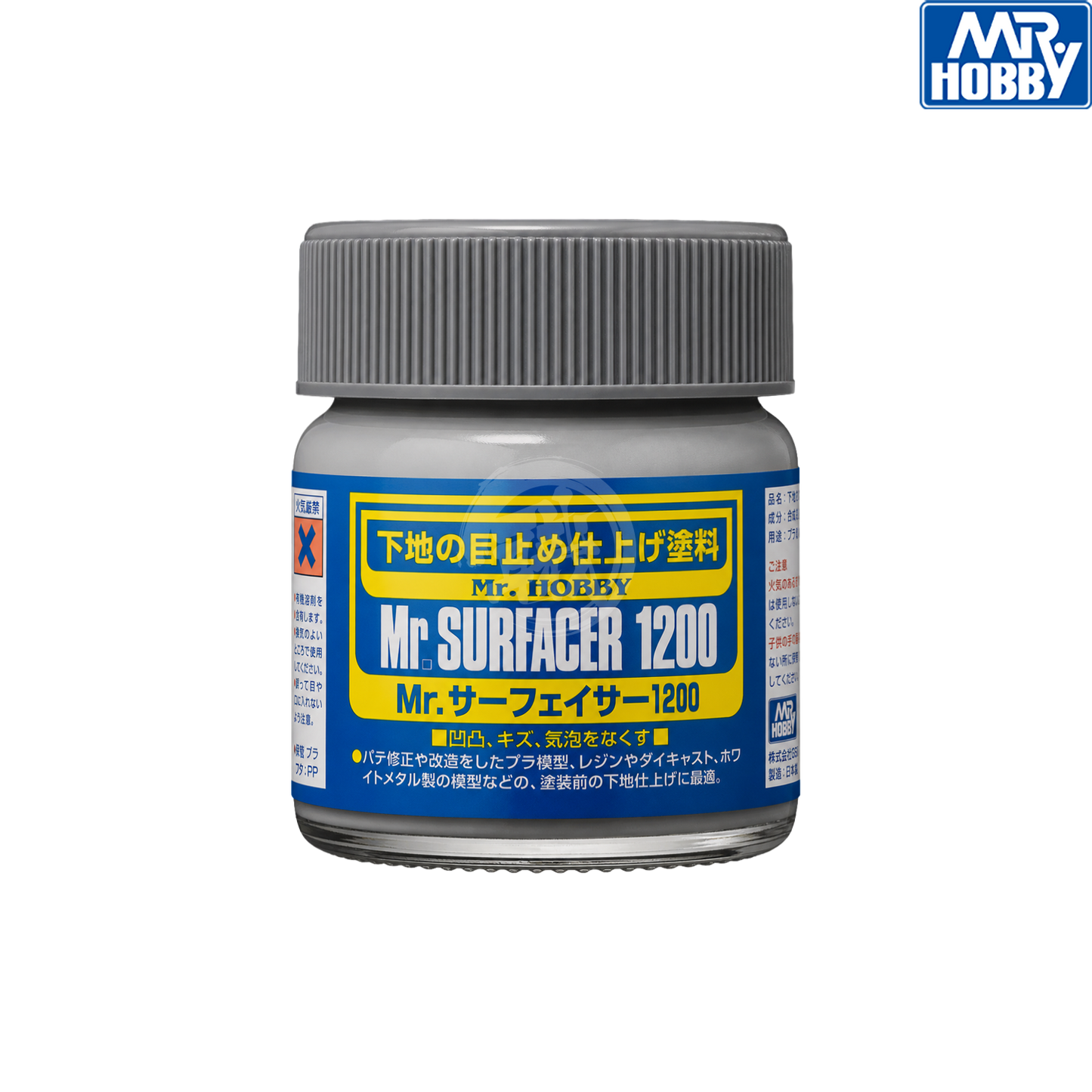 Grey Mr.Surfacer 1200 GSI Creos paint bottle for surface primer and smoothing in model building.