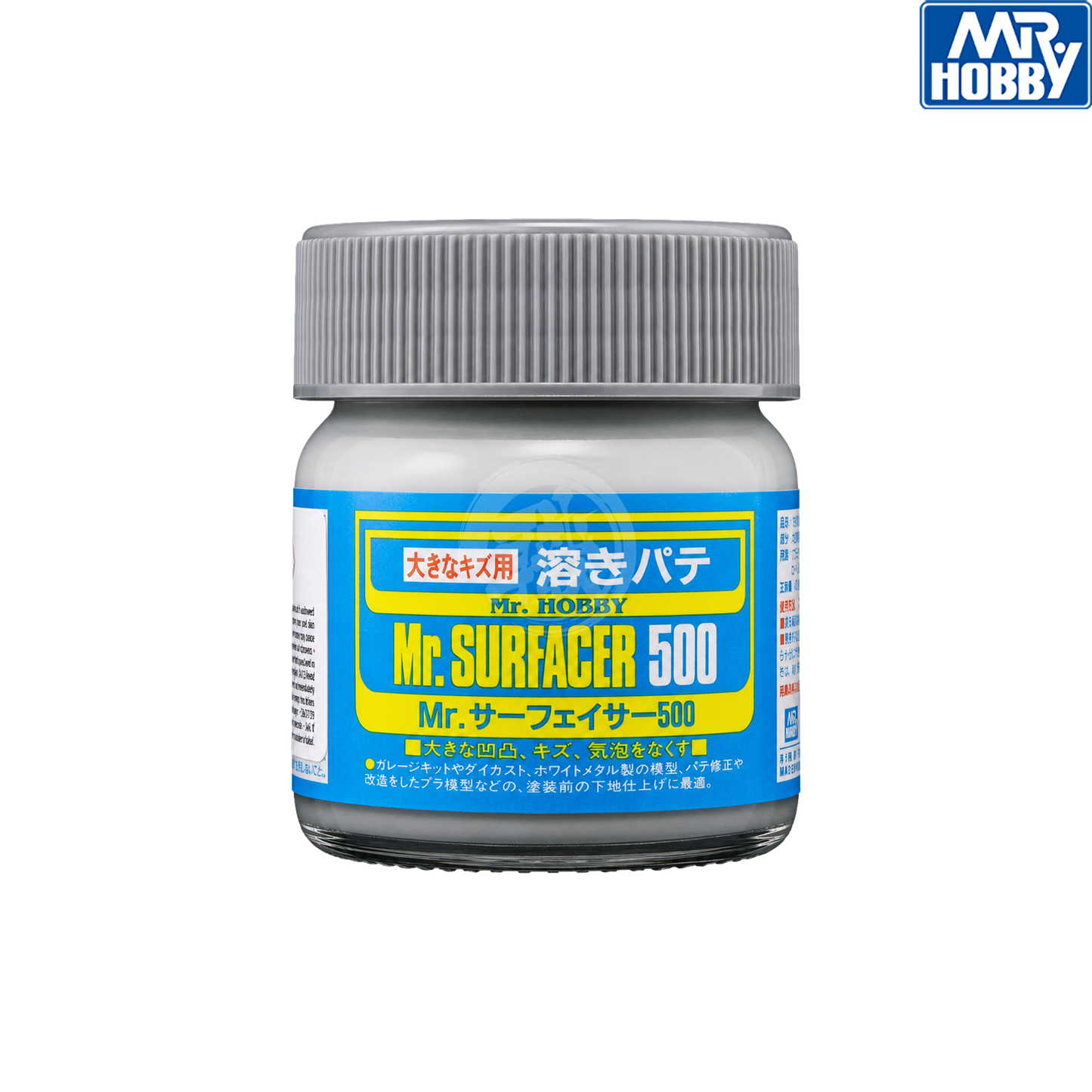 Grey Mr. Surfacer 500 paint by GSI Creos, shown in a bottle with a label and brush for model surface preparation.