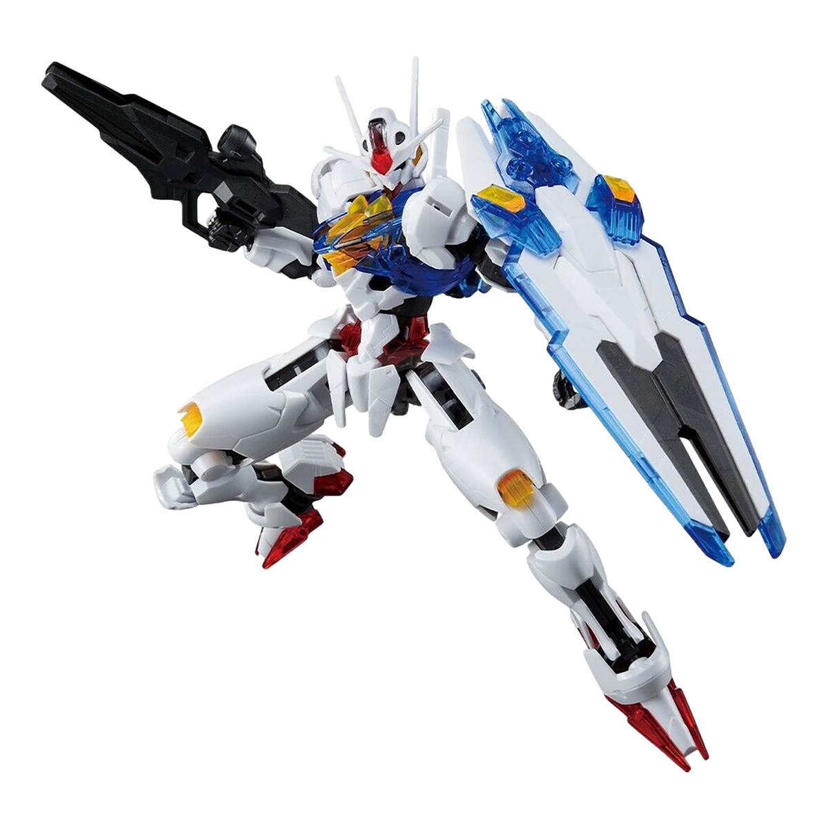 Bandai HG Gundam Aerial model kit in clear solid version, detailed plastic frame, assembled Gundam figure with articulated joints.