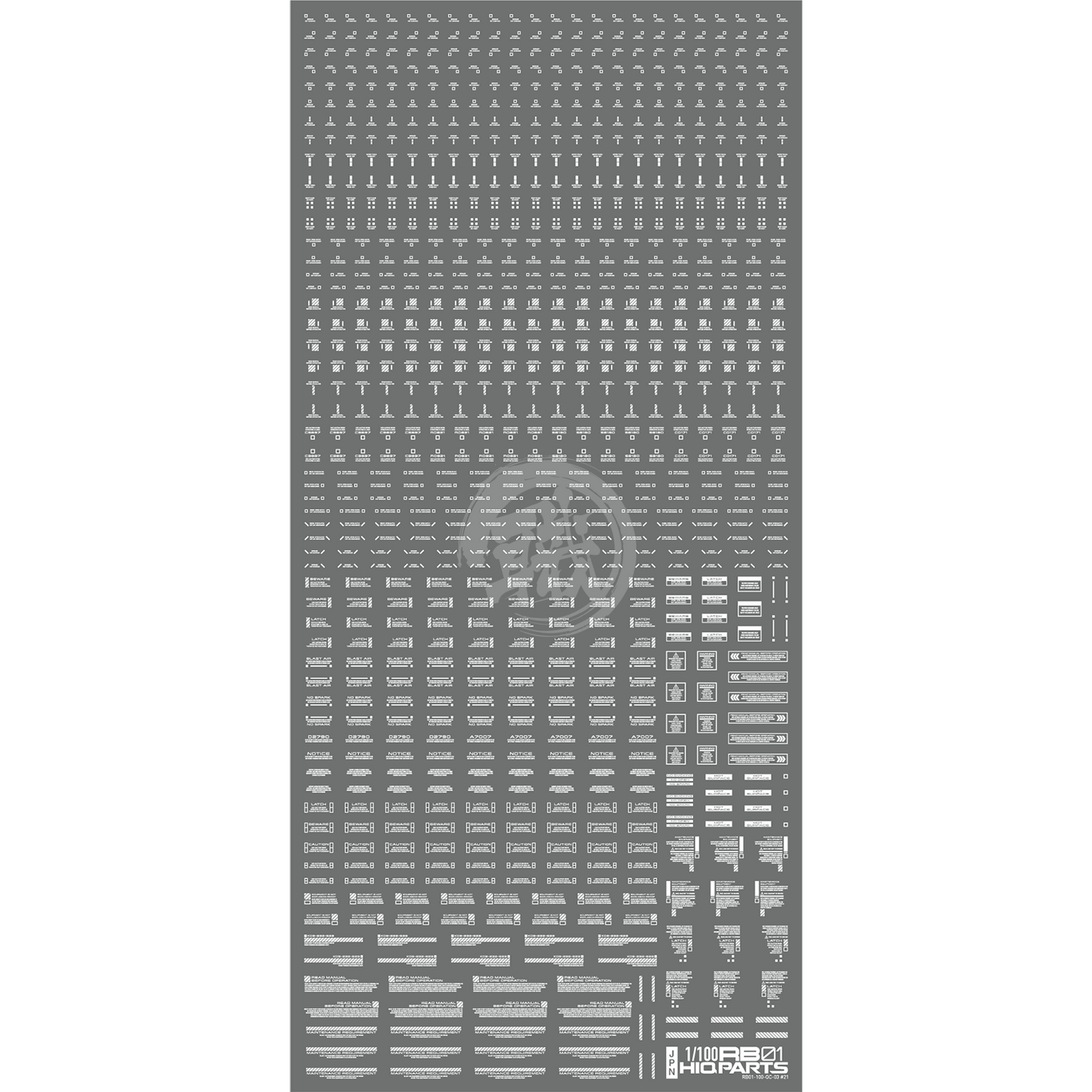 White RB01 caution water slide decal from HIQParts, designed for 1/100 scale model kits, featuring clear caution symbol details.