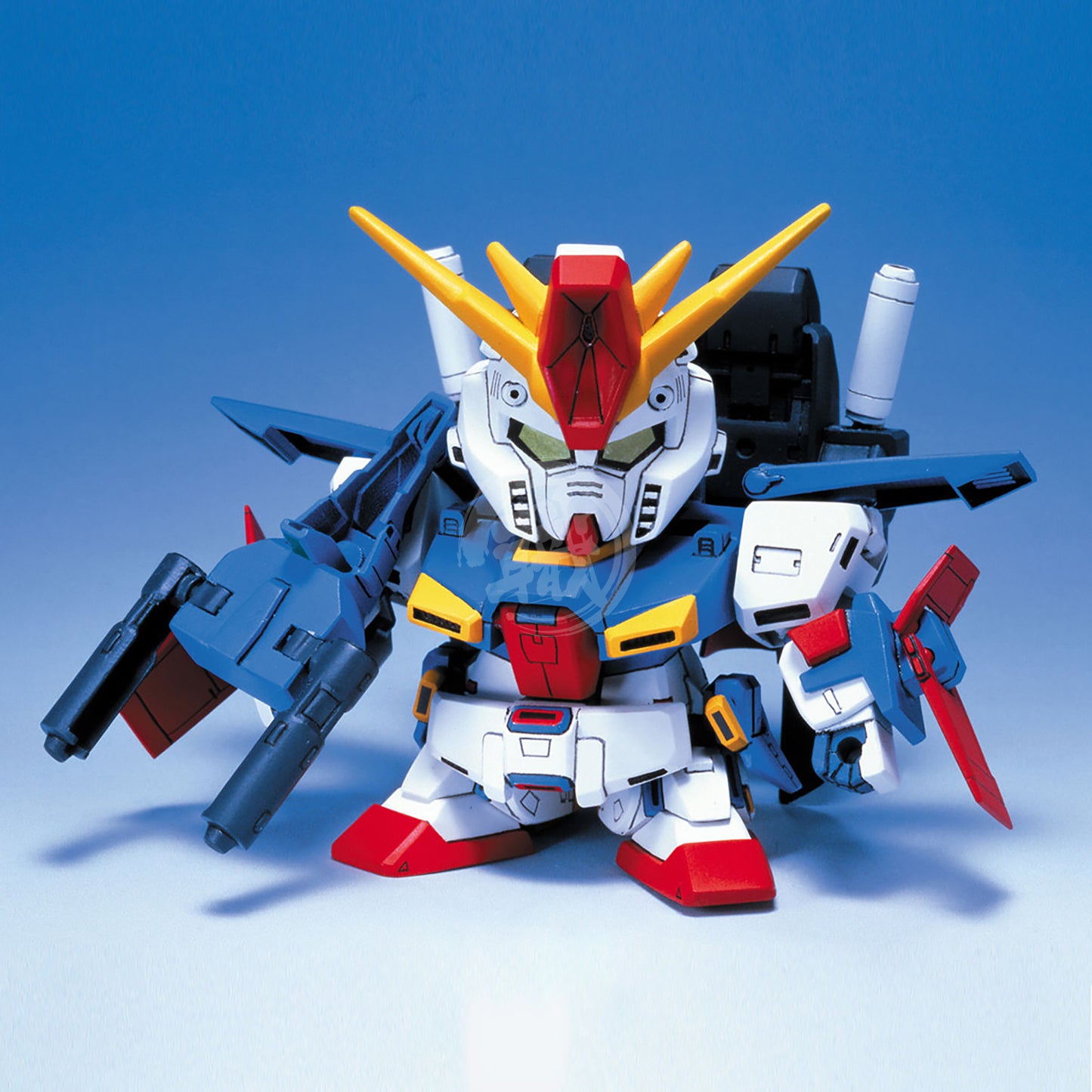 Bandai SD ZZ Gundam BB212 model kit assembled with colorful plastic parts and detailed design, front view.