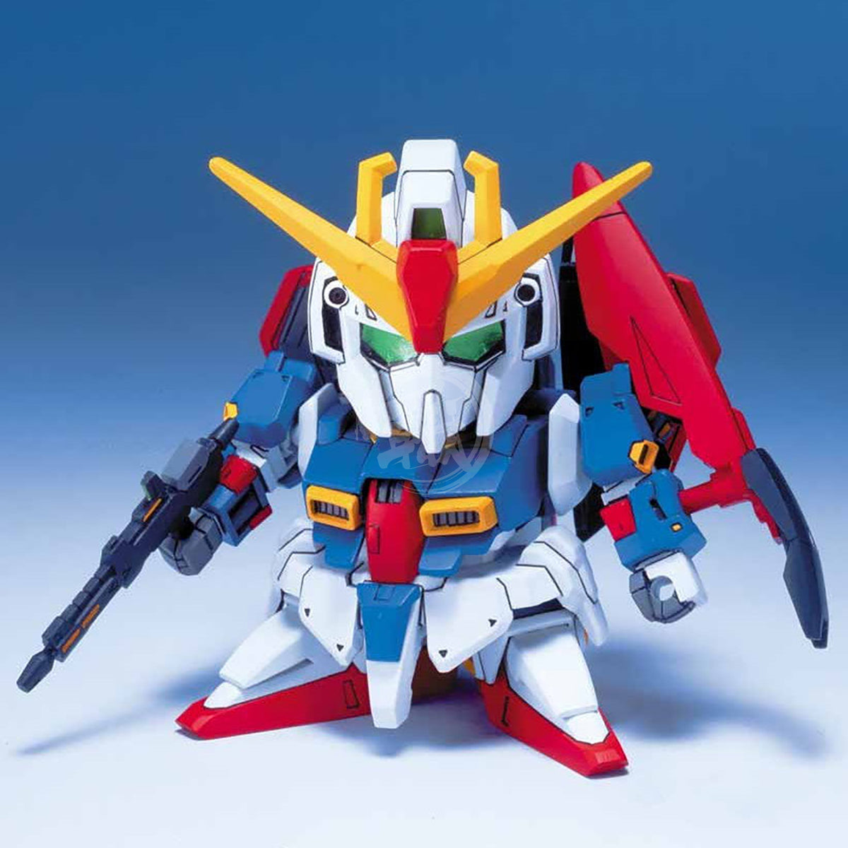 Bandai SD Zeta Gundam model kit, detailed plastic figure with vibrant colors and intricate design, posed against a neutral background.