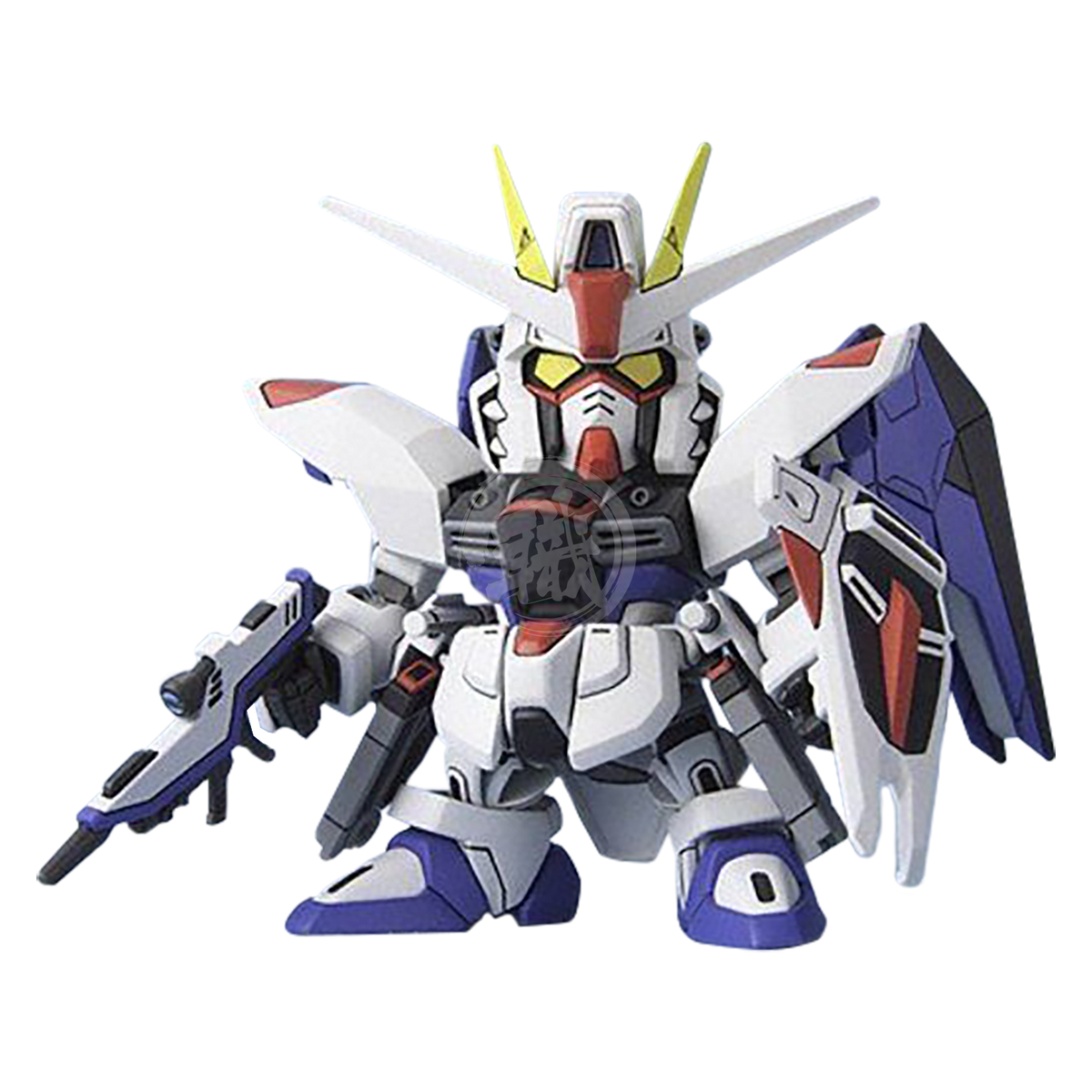 Bandai SD Freedom Gundam model kit displayed with detailed armor and vibrant colors, ready for assembly and display.
