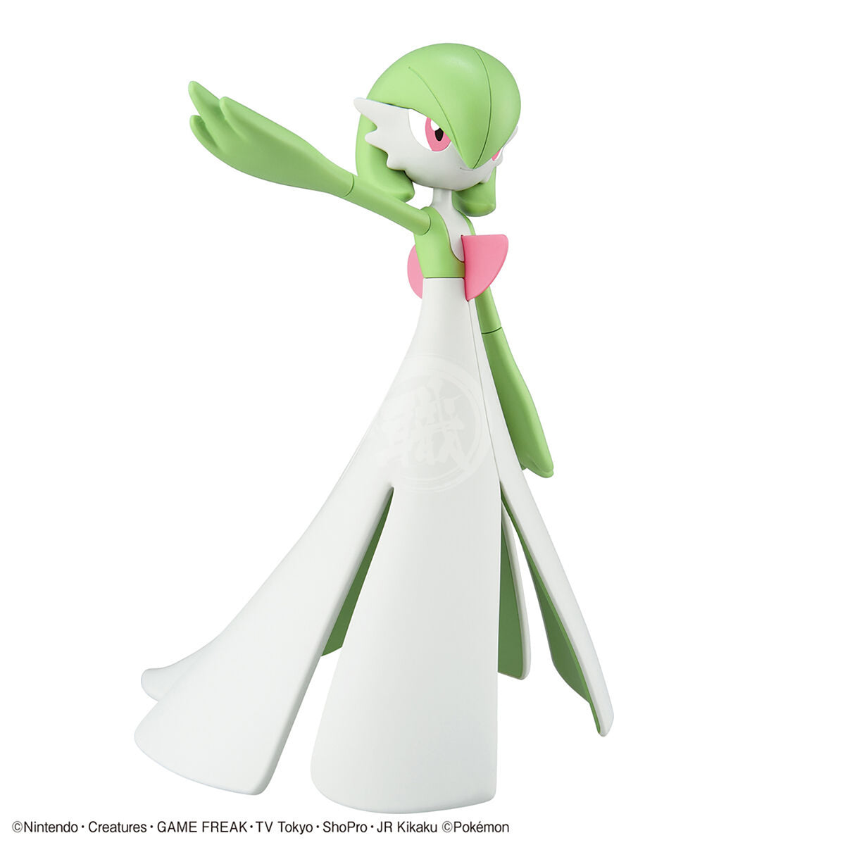 Bandai Pokemon Plamo Gardevoir model kit assembled with detailed green and white parts, showcasing its elegant design.