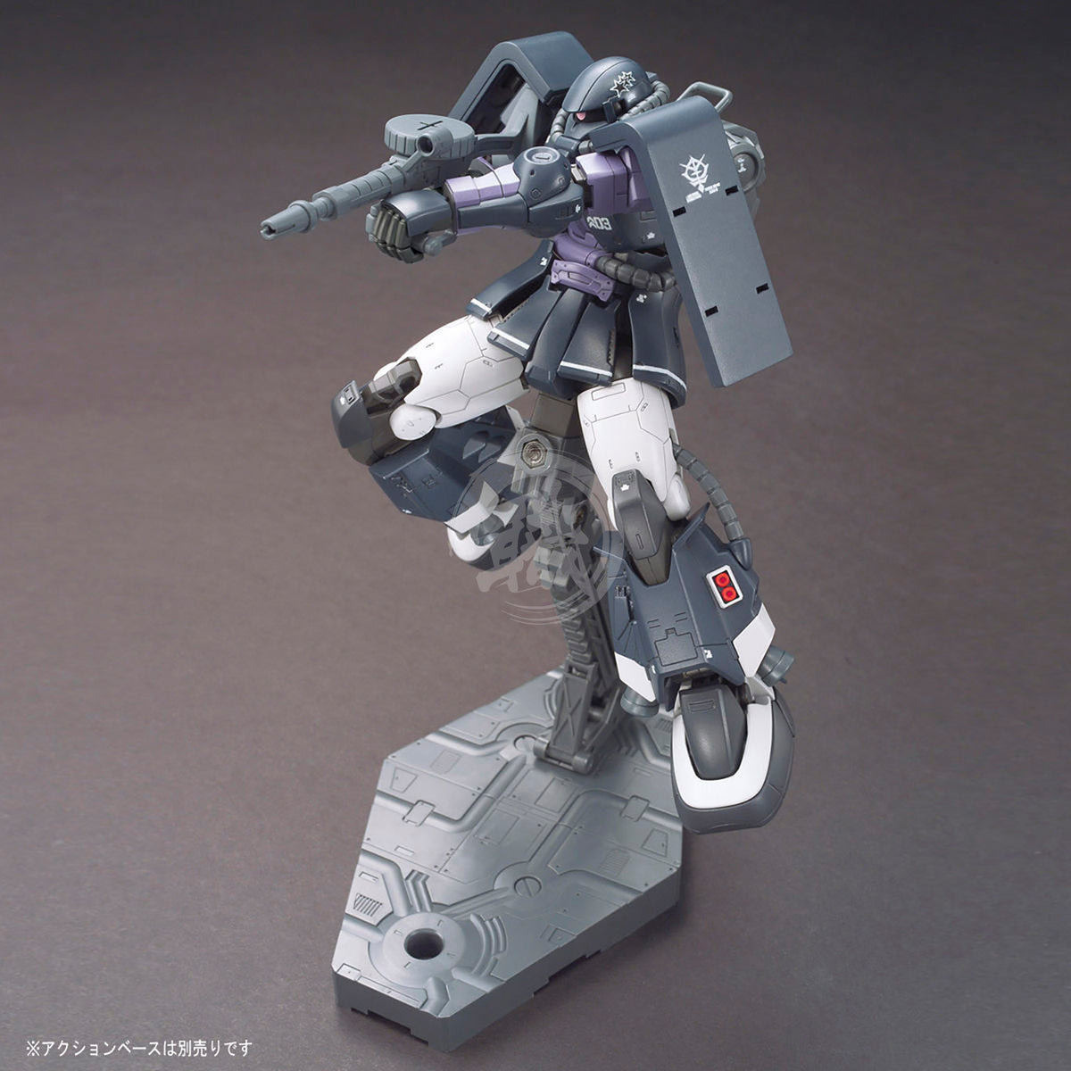 Bandai HG Zaku II High Mobility Type model kit in black from Black Tri-Stars Gaia/Mash Custom, featuring detailed Gundam robot parts.