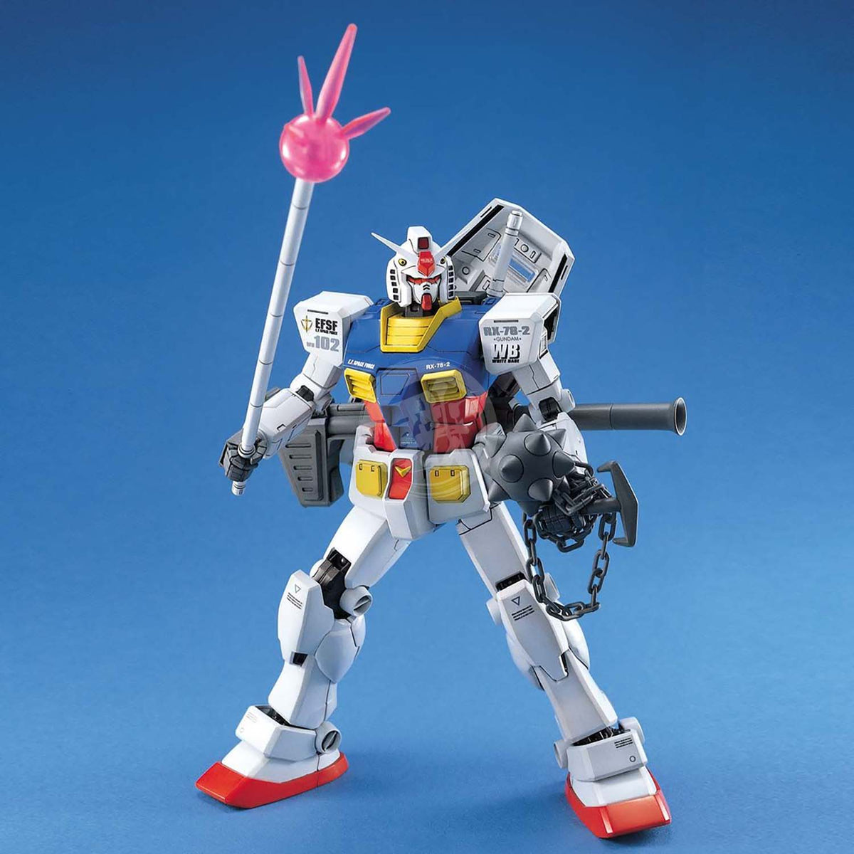 Bandai MG RX-78-2 Gundam model kit featuring detailed plastic parts and assembly, displayed in a dynamic pose.