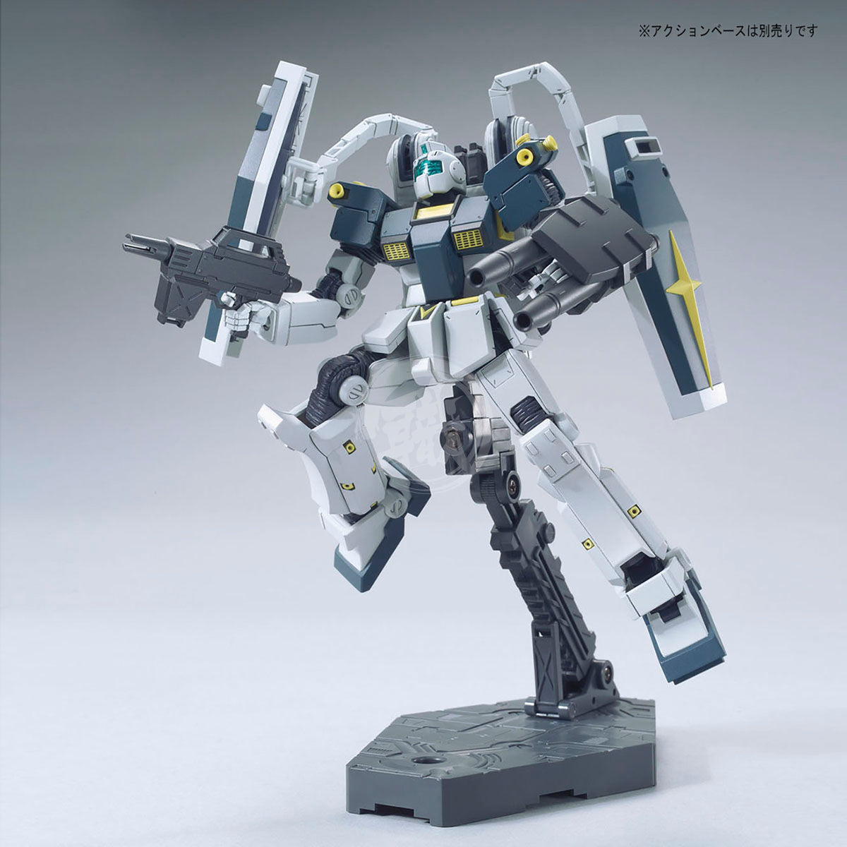 Bandai HG GM Gundam Thunderbolt Ver. model kit assembled with detailed armor and weaponry, ready for display.