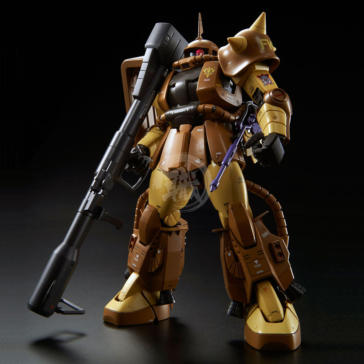 Bandai MG Zaku II High Mobility Type model kit featuring detailed green and gray plastic parts with assembly and weapon components.