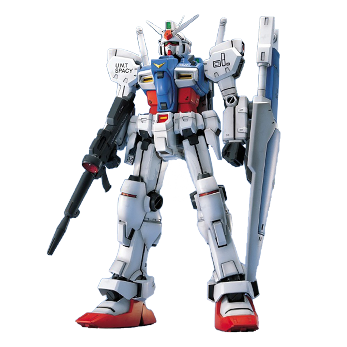 Bandai MG Gundam GP01 Zephyranthes model kit featuring detailed robot parts and vibrant green and white armor.
