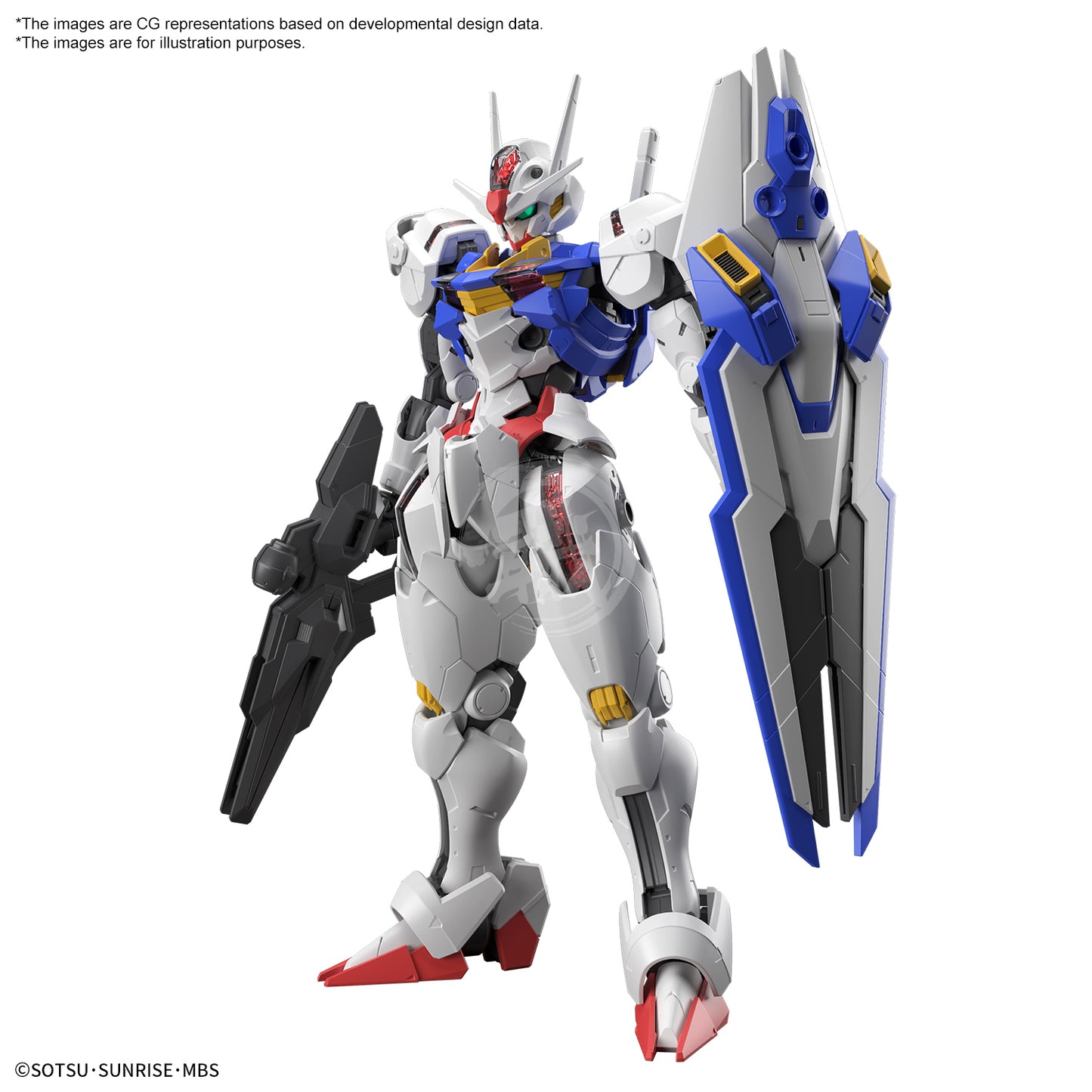 Bandai Full Mechanics Gundam Aerial model kit showcasing detailed robot figure with vibrant colors and intricate mechanical parts.