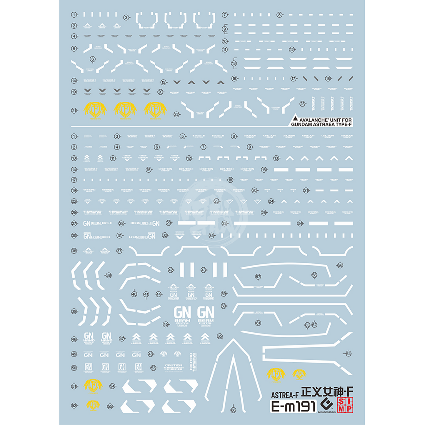 EVO Studio MG Gundam Astraea Type-F waterslide decals with UV coating, featuring detailed design for model customization.