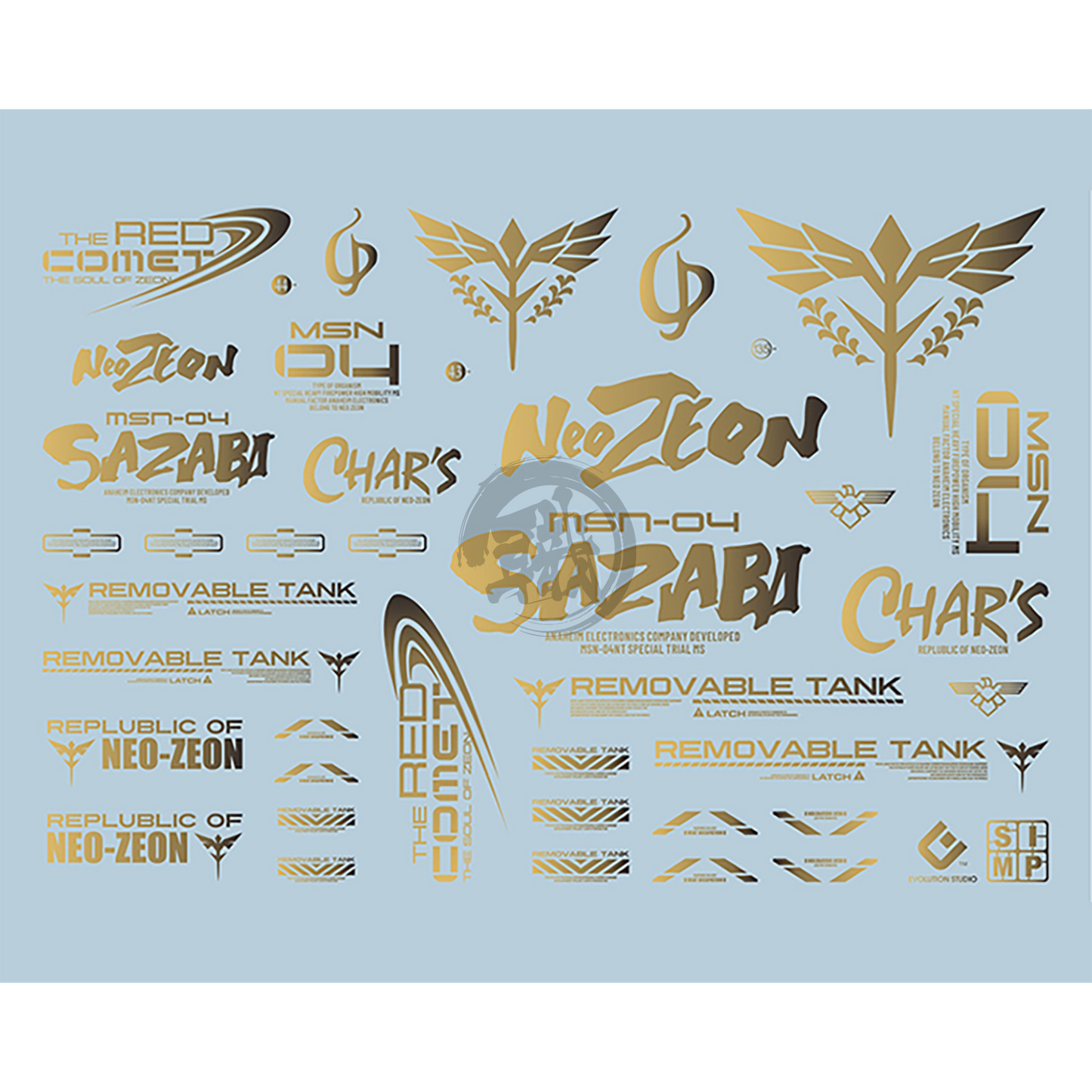 Chrome gold Sazabi emblem water slide decals from EVO Studio, suitable for all scales, featuring detailed design and vibrant finish.