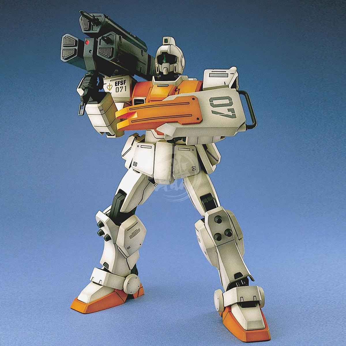 Bandai MG GM Ground Type model kit assembled figure with detailed armor and weaponry, showcasing a futuristic robot design.